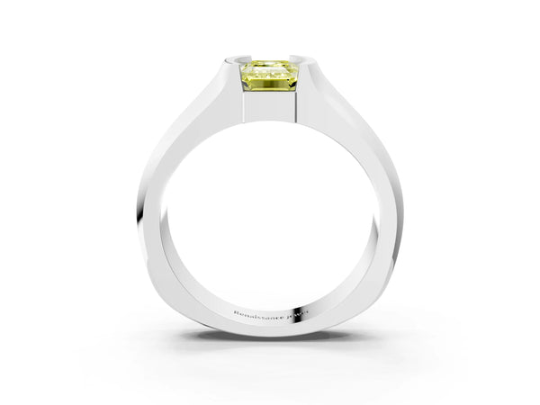 Platinum Fancy Yellow Emerald Cut Solitaire Bezel Set Diamond Ring with Wide Band