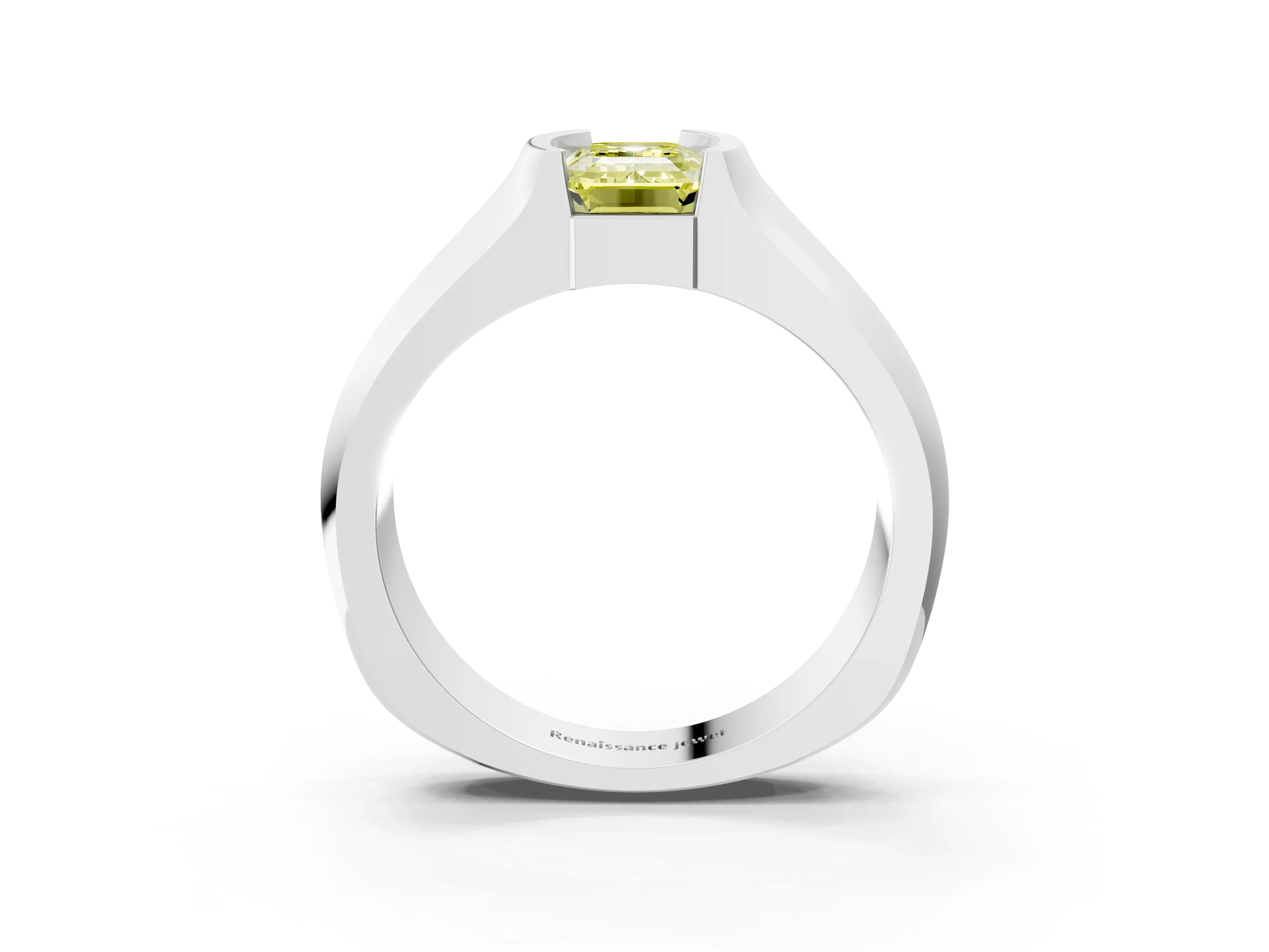 White gold Fancy Yellow Emerald Cut Solitaire Bezel Set Diamond Ring with Wide Band_15