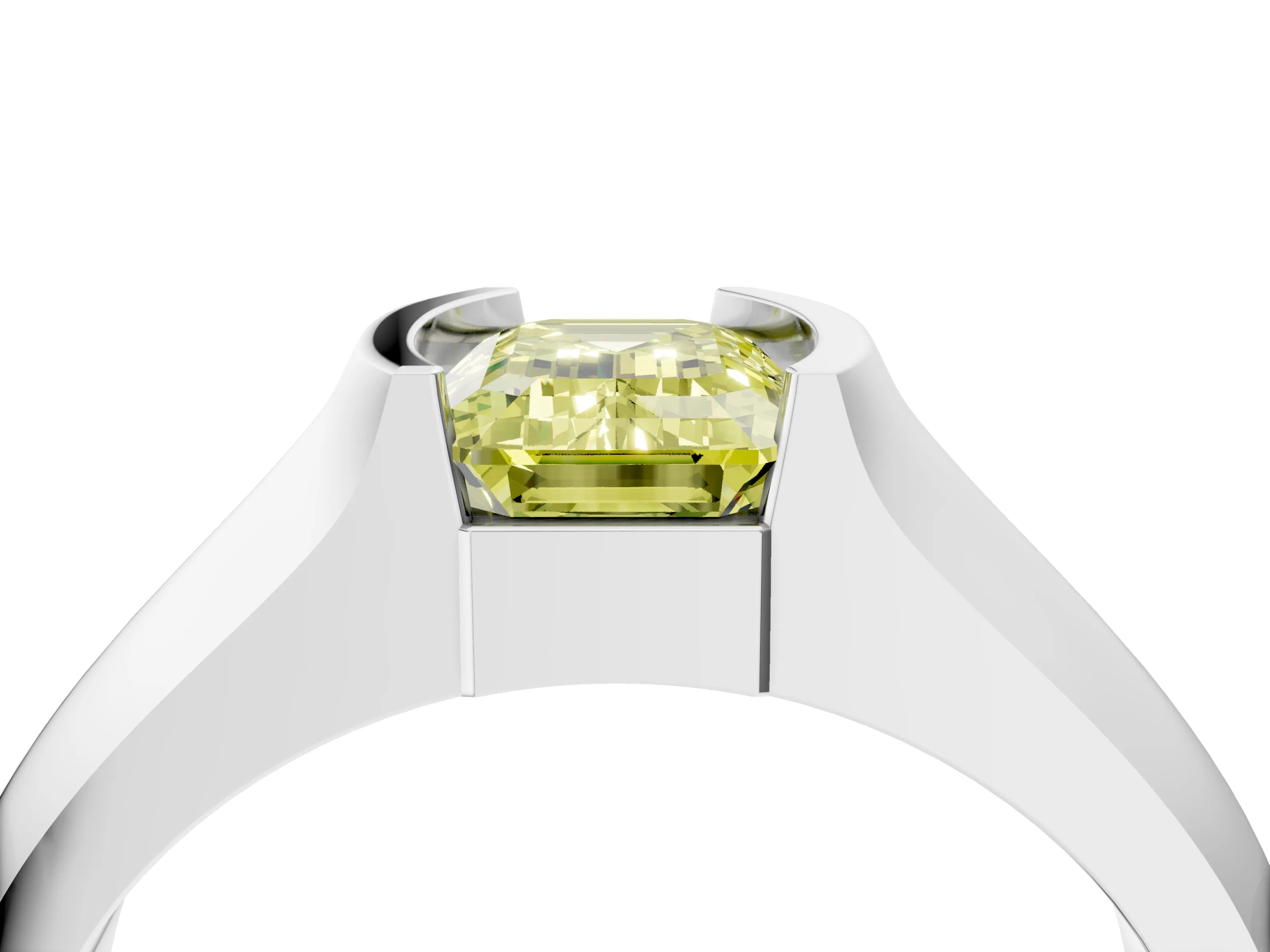 White gold Fancy Yellow Emerald Cut Solitaire Bezel Set Diamond Ring with Wide Band_16