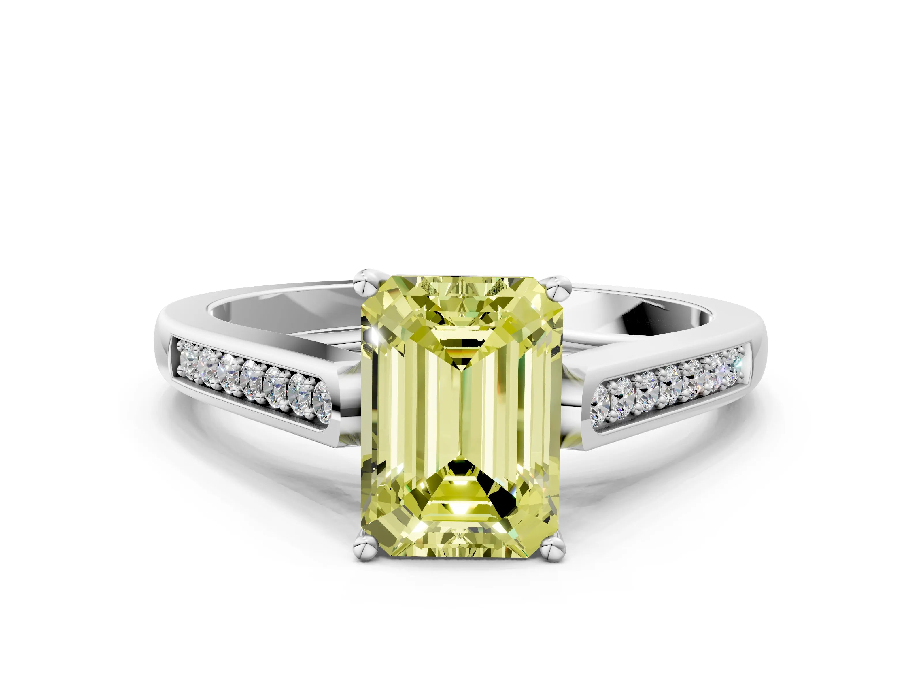 White gold Fancy Yellow Emerald Cut Solitaire Cathedral Diamond Engagement Ring with Channel-Set Band and Four-Prong Setting_15