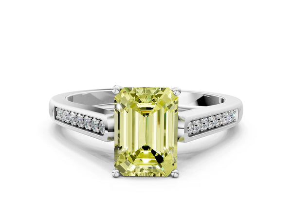 Platinum Fancy Yellow Emerald Cut Solitaire Cathedral Diamond Engagement Ring with Channel-Set Band and Four-Prong Setting