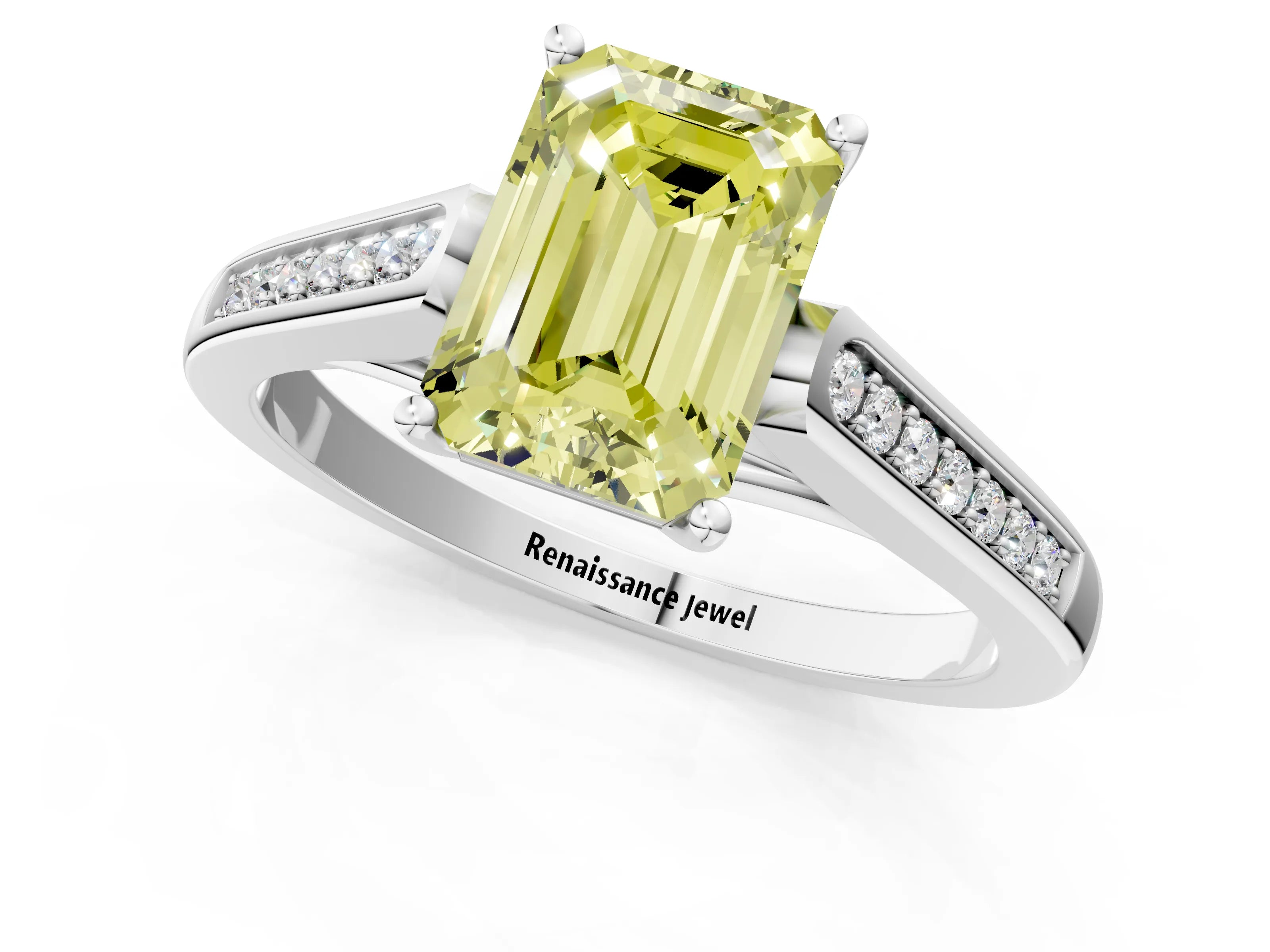 White gold Fancy Yellow Emerald Cut Solitaire Cathedral Diamond Engagement Ring with Channel-Set Band and Four-Prong Setting_16