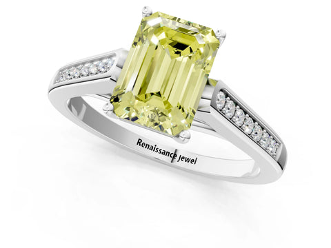 White gold Fancy Yellow Emerald Cut Solitaire Cathedral Diamond Engagement Ring with Channel-Set Band and Four-Prong Setting_16