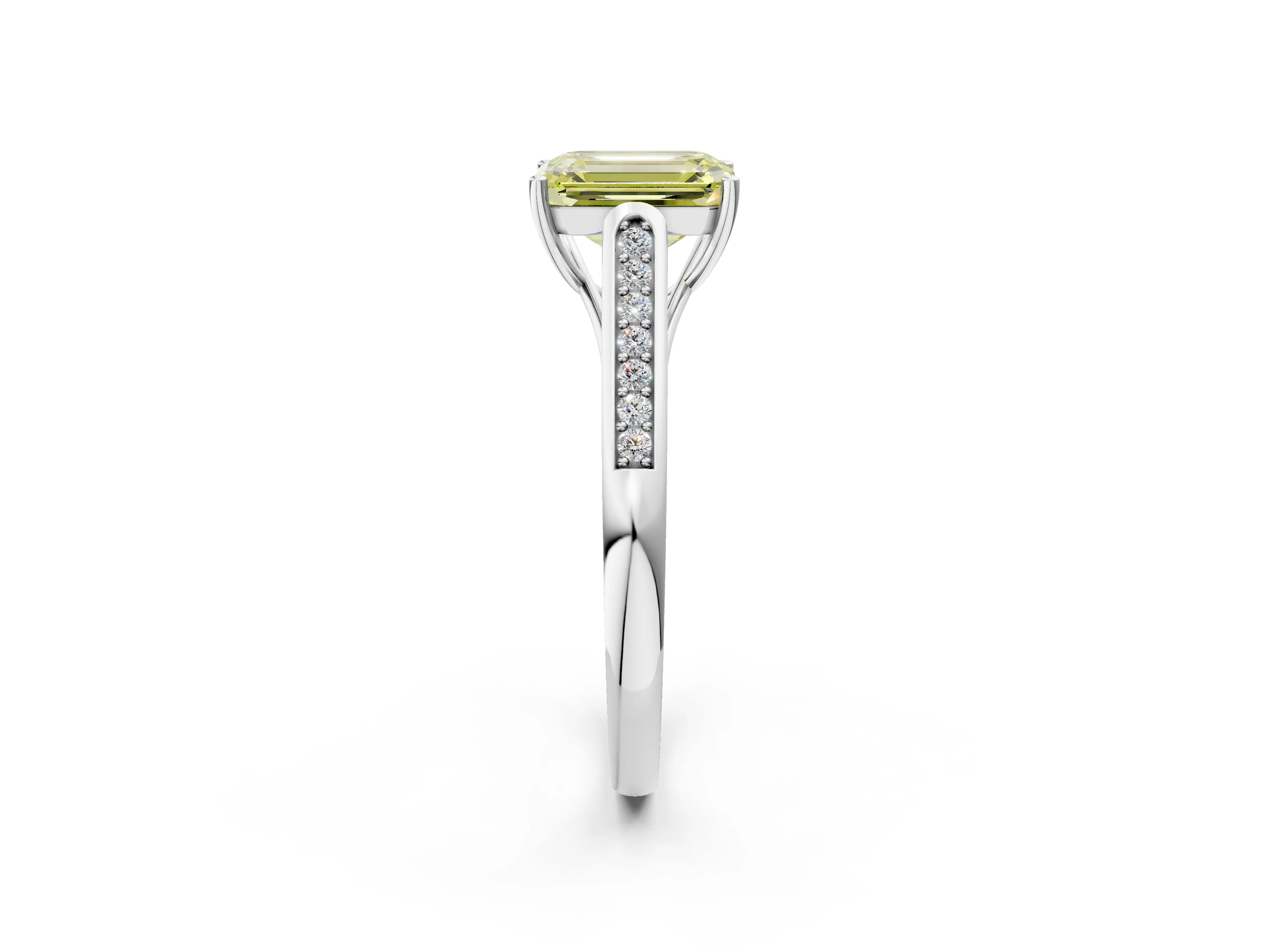 White gold Fancy Yellow Emerald Cut Solitaire Cathedral Diamond Engagement Ring with Channel-Set Band and Four-Prong Setting_17