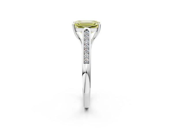 Platinum Fancy Yellow Emerald Cut Solitaire Cathedral Diamond Engagement Ring with Channel-Set Band and Four-Prong Setting