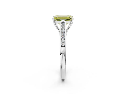 White gold Fancy Yellow Emerald Cut Solitaire Cathedral Diamond Engagement Ring with Channel-Set Band and Four-Prong Setting_17