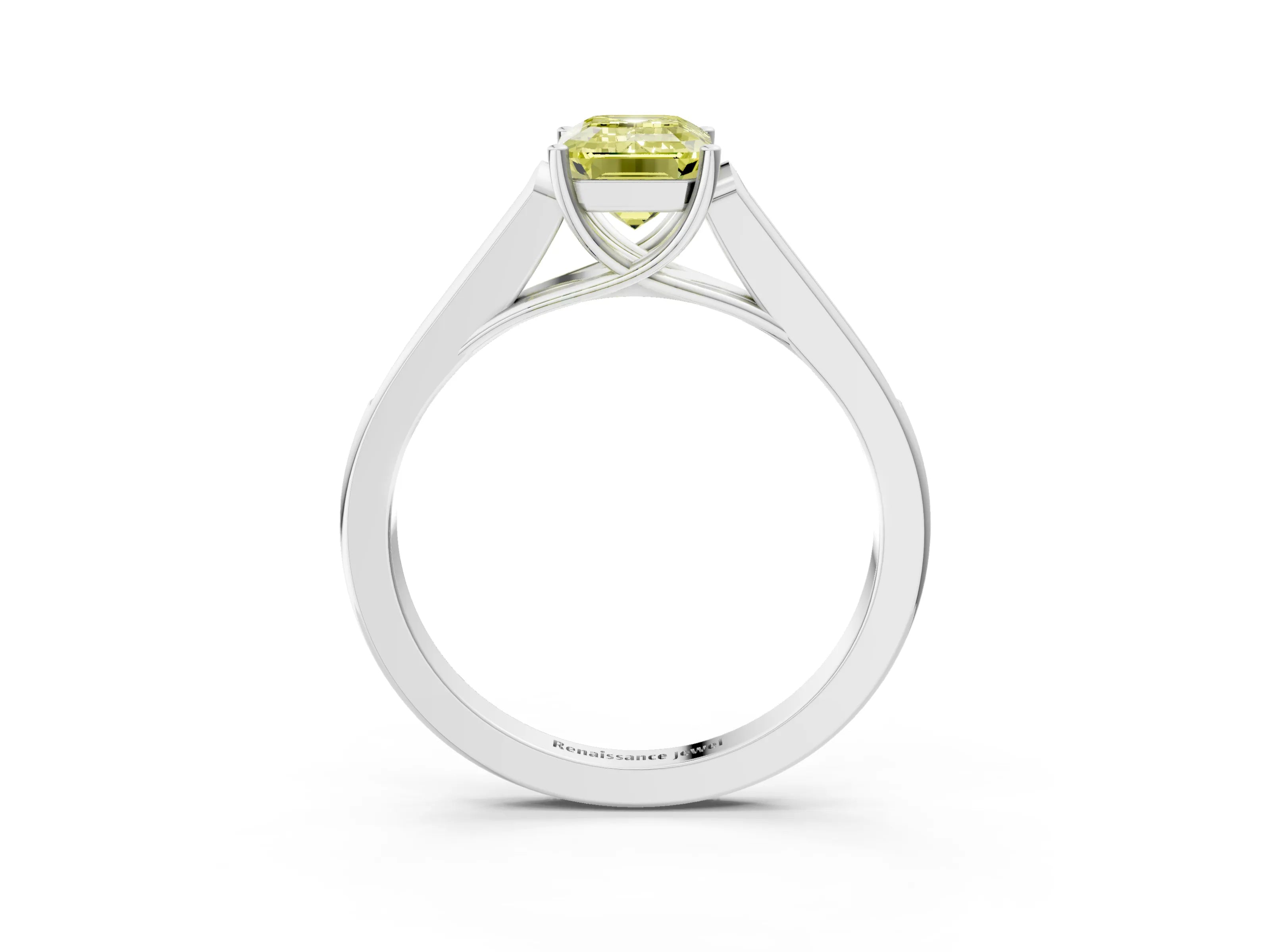 White gold Fancy Yellow Emerald Cut Solitaire Cathedral Diamond Engagement Ring with Channel-Set Band and Four-Prong Setting_18