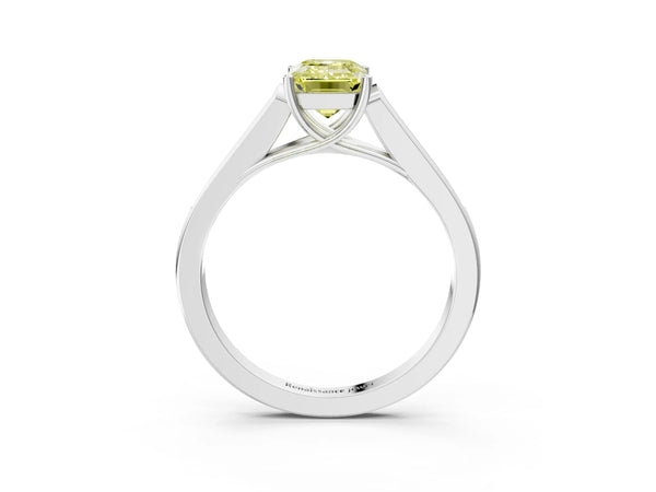 Platinum Fancy Yellow Emerald Cut Solitaire Cathedral Diamond Engagement Ring with Channel-Set Band and Four-Prong Setting