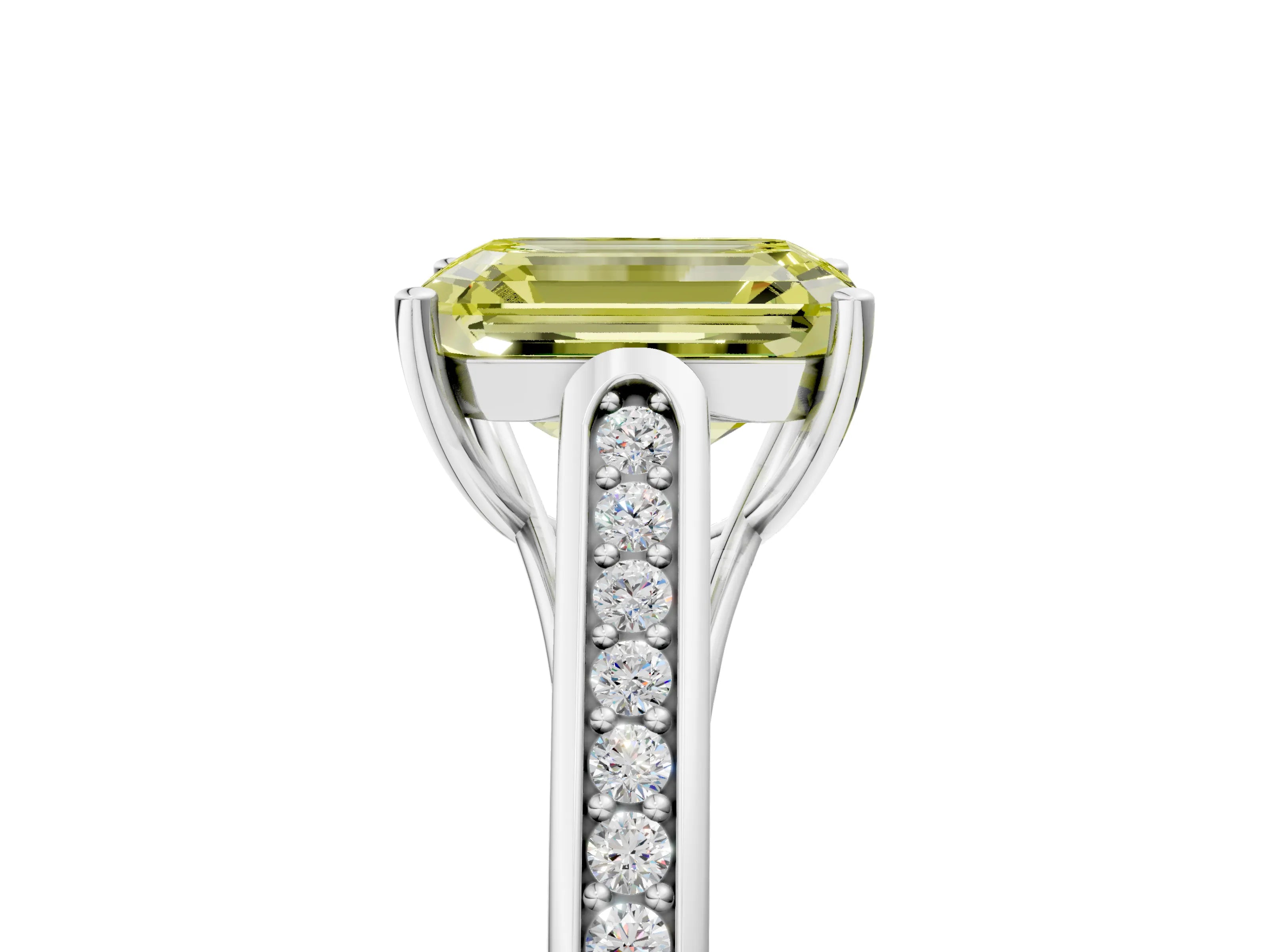 White gold Fancy Yellow Emerald Cut Solitaire Cathedral Diamond Engagement Ring with Channel-Set Band and Four-Prong Setting_20