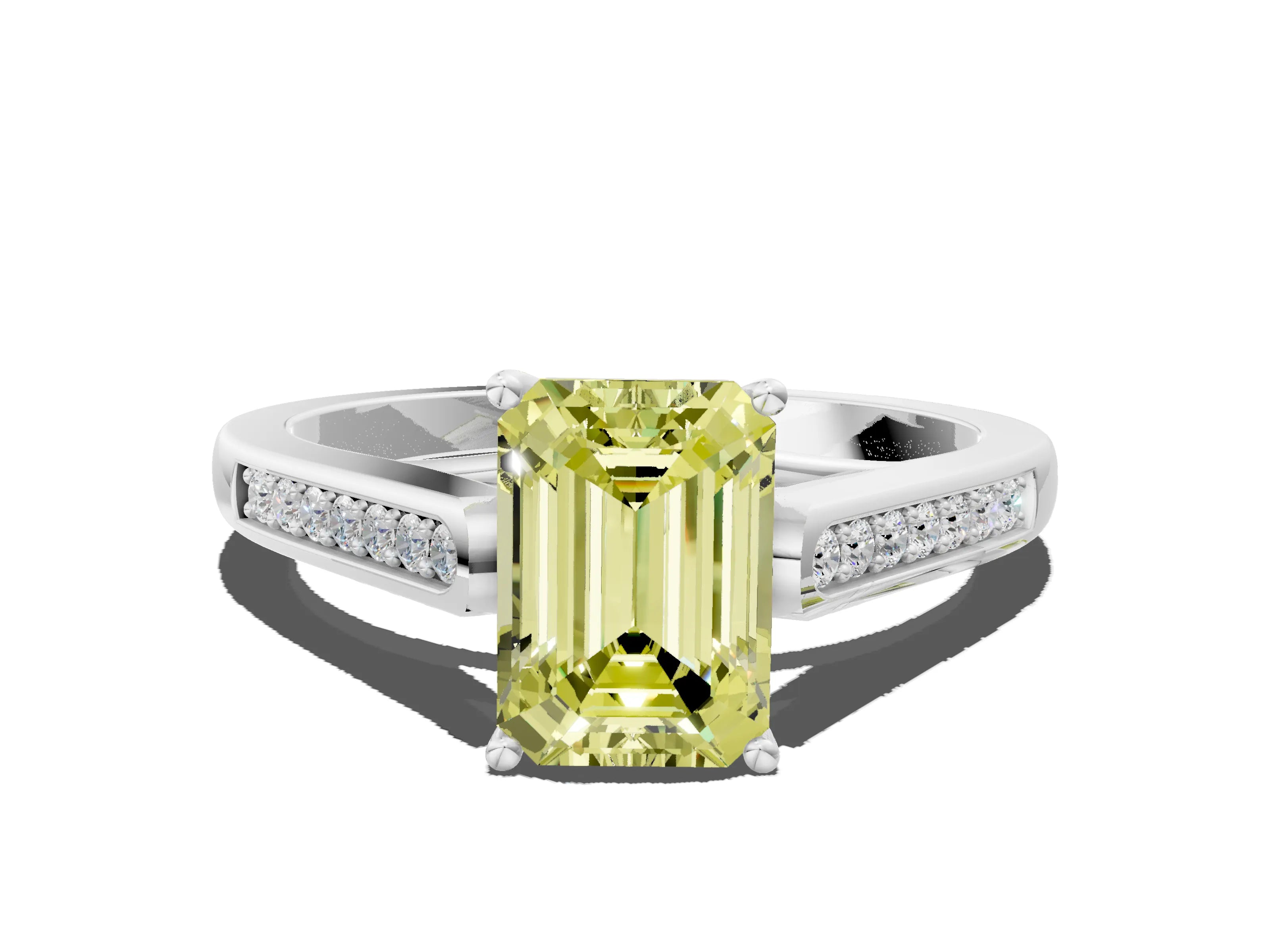 White gold Fancy Yellow Emerald Cut Solitaire Cathedral Diamond Engagement Ring with Channel-Set Band and Four-Prong Setting_3