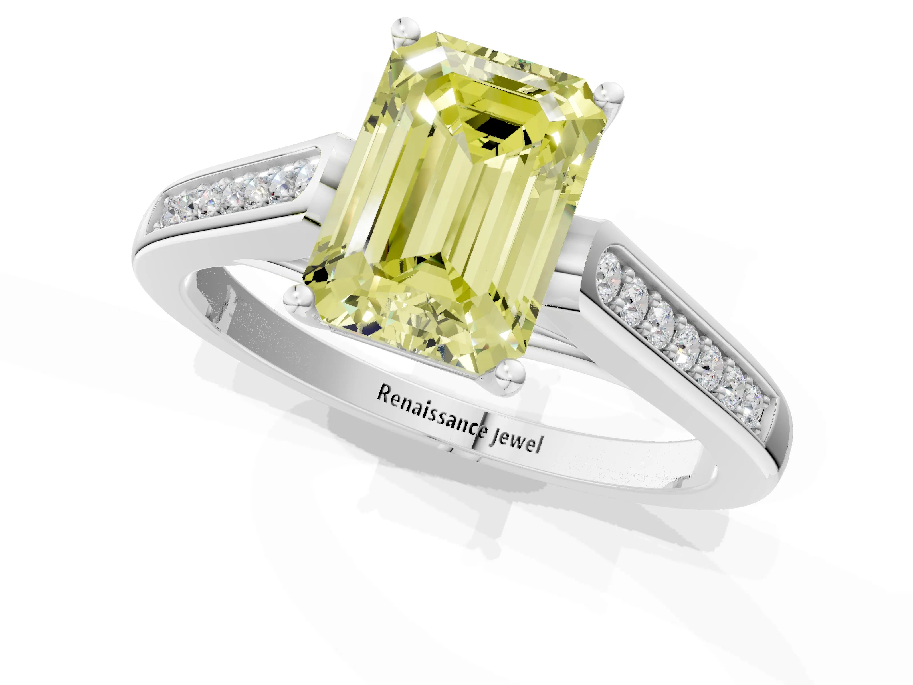 White gold Fancy Yellow Emerald Cut Solitaire Cathedral Diamond Engagement Ring with Channel-Set Band and Four-Prong Setting_4