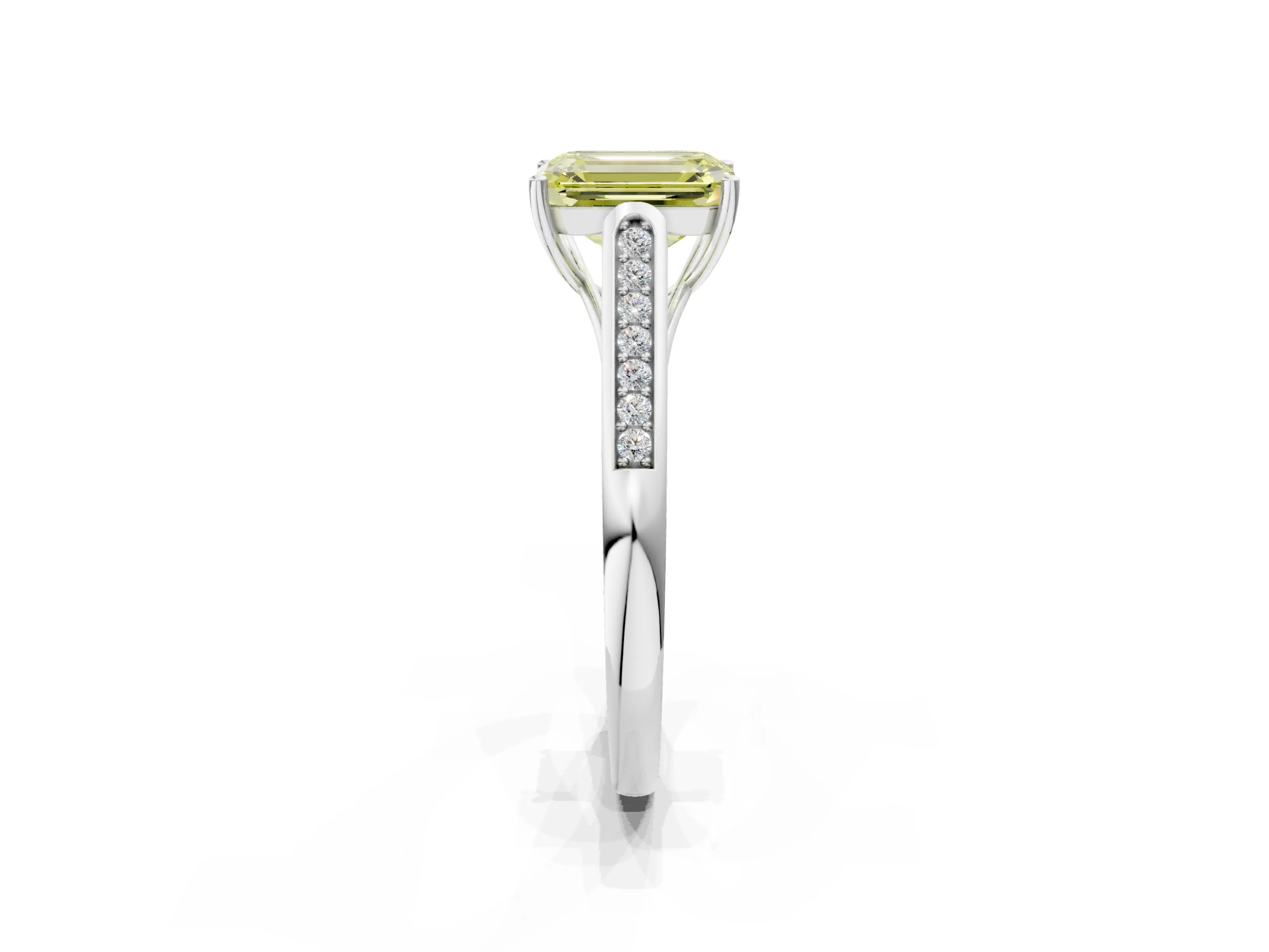 White gold Fancy Yellow Emerald Cut Solitaire Cathedral Diamond Engagement Ring with Channel-Set Band and Four-Prong Setting_5