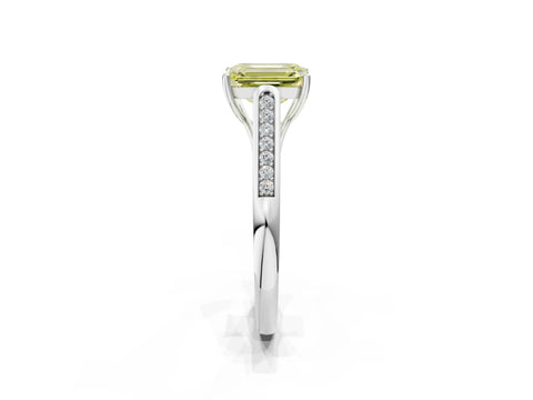White gold Fancy Yellow Emerald Cut Solitaire Cathedral Diamond Engagement Ring with Channel-Set Band and Four-Prong Setting_5