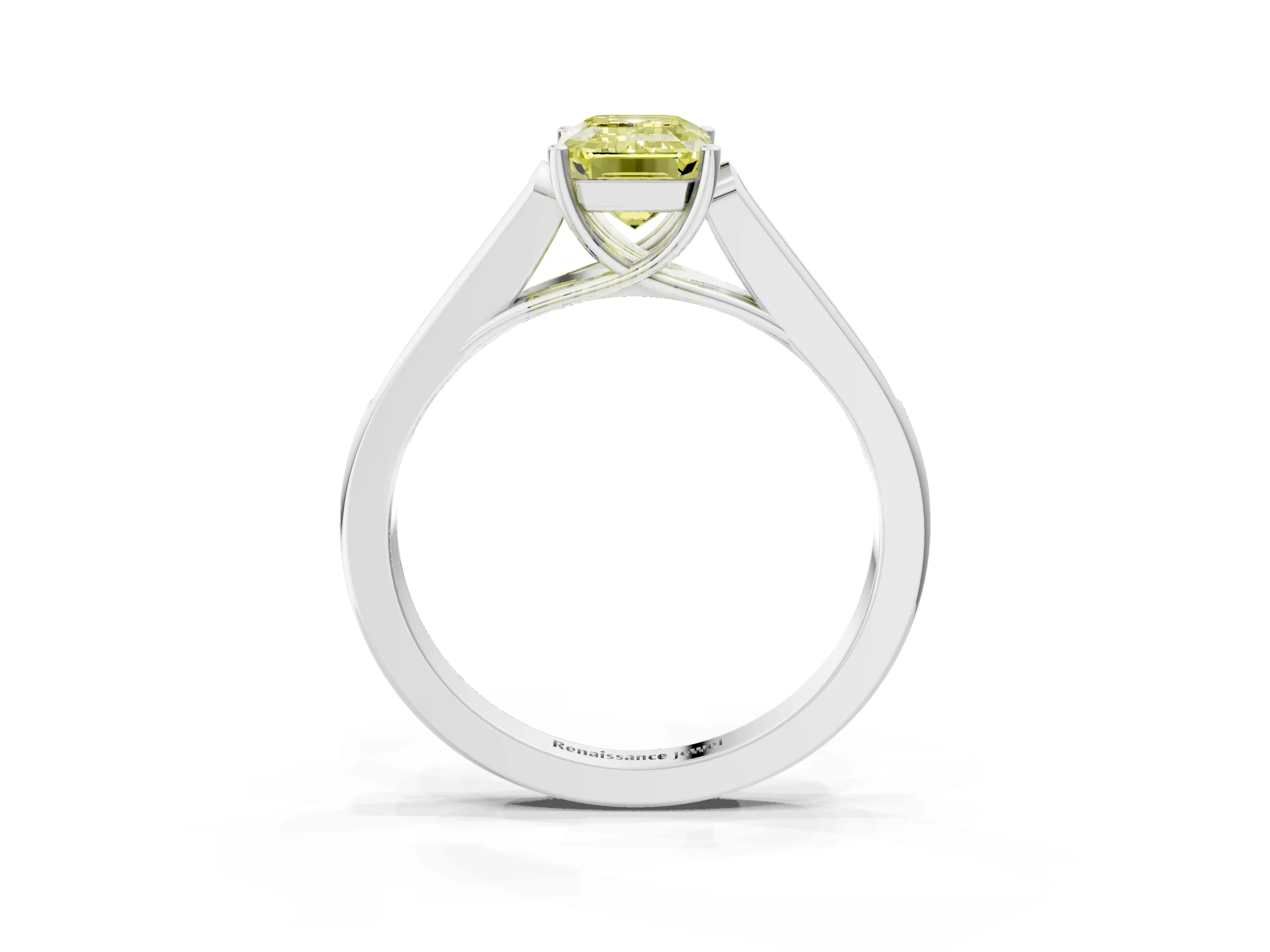 White gold Fancy Yellow Emerald Cut Solitaire Cathedral Diamond Engagement Ring with Channel-Set Band and Four-Prong Setting_6