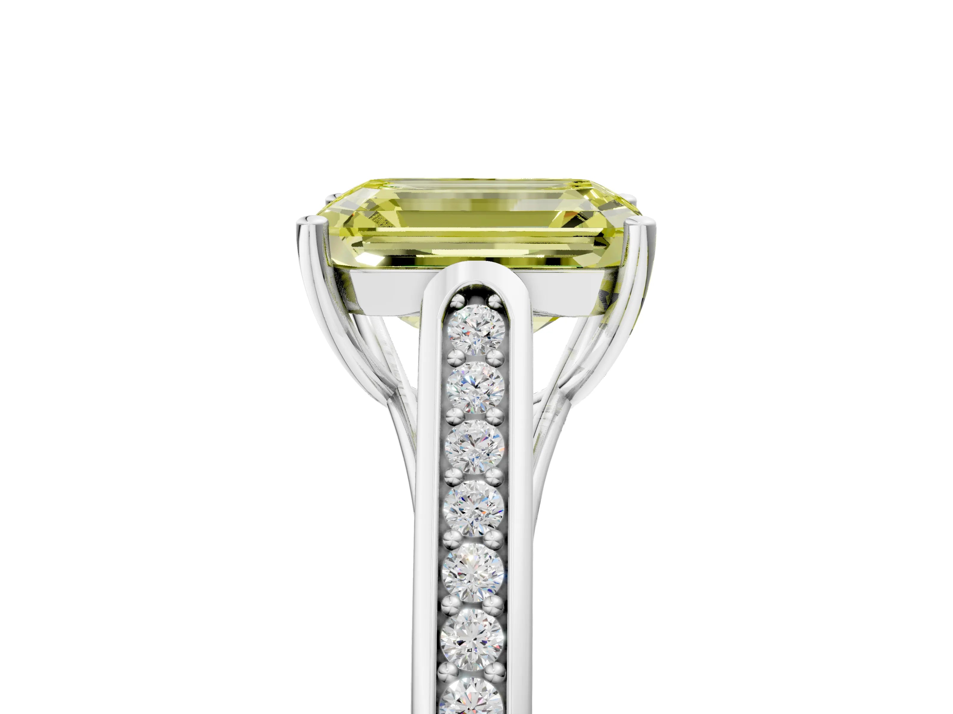 White gold Fancy Yellow Emerald Cut Solitaire Cathedral Diamond Engagement Ring with Channel-Set Band and Four-Prong Setting_8