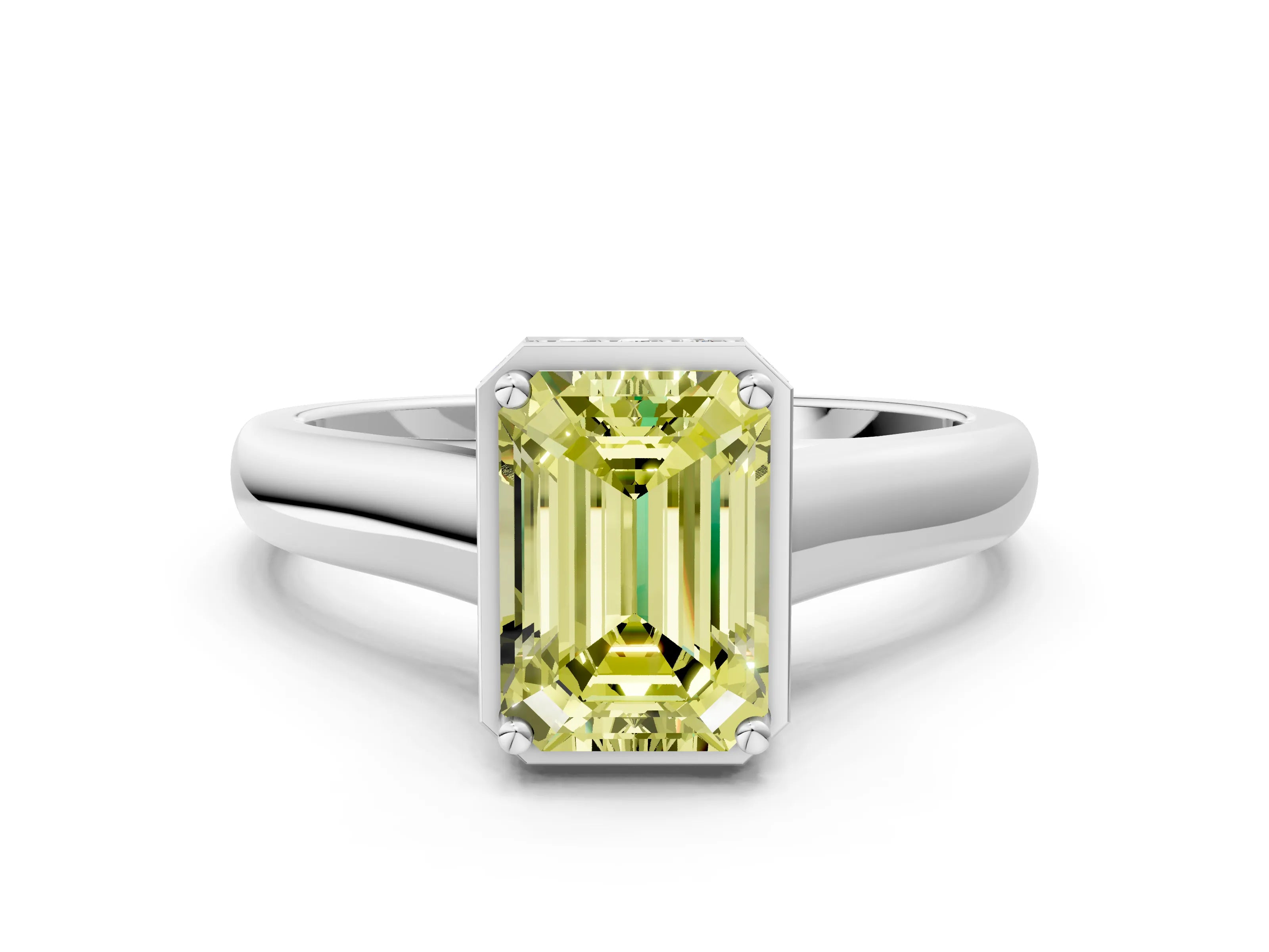 White gold Fancy Yellow Emerald Cut Solitaire Diamond Engagement Ring with Four-Prong Setting and Tapered Band