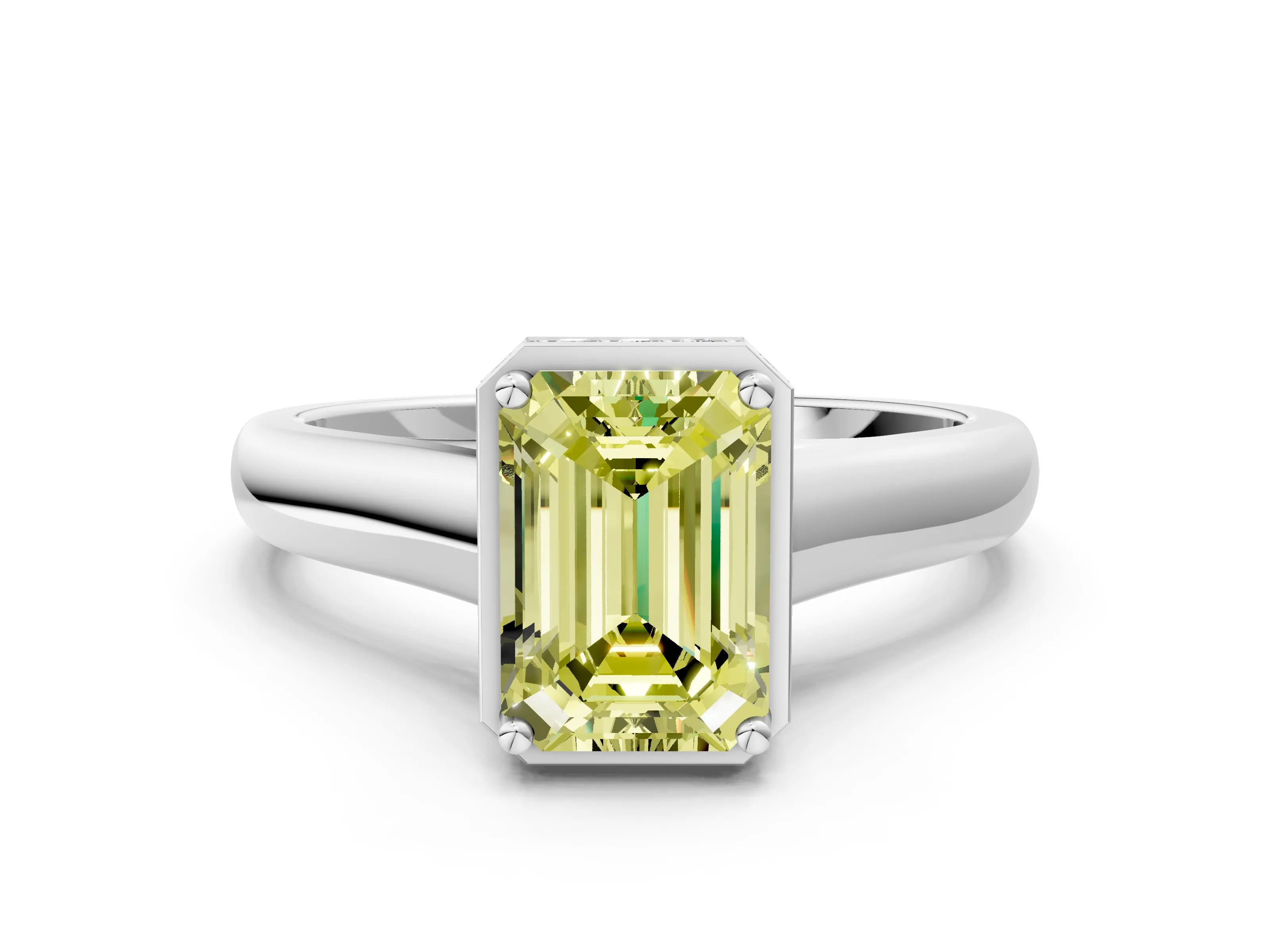White gold Fancy Yellow Emerald Cut Solitaire Diamond Engagement Ring with Four-Prong Setting and Tapered Band_12