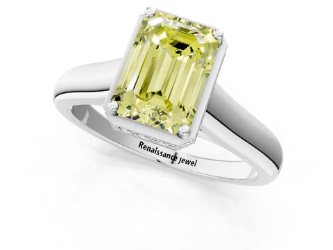 White gold Fancy Yellow Emerald Cut Solitaire Diamond Engagement Ring with Four-Prong Setting and Tapered Band_13