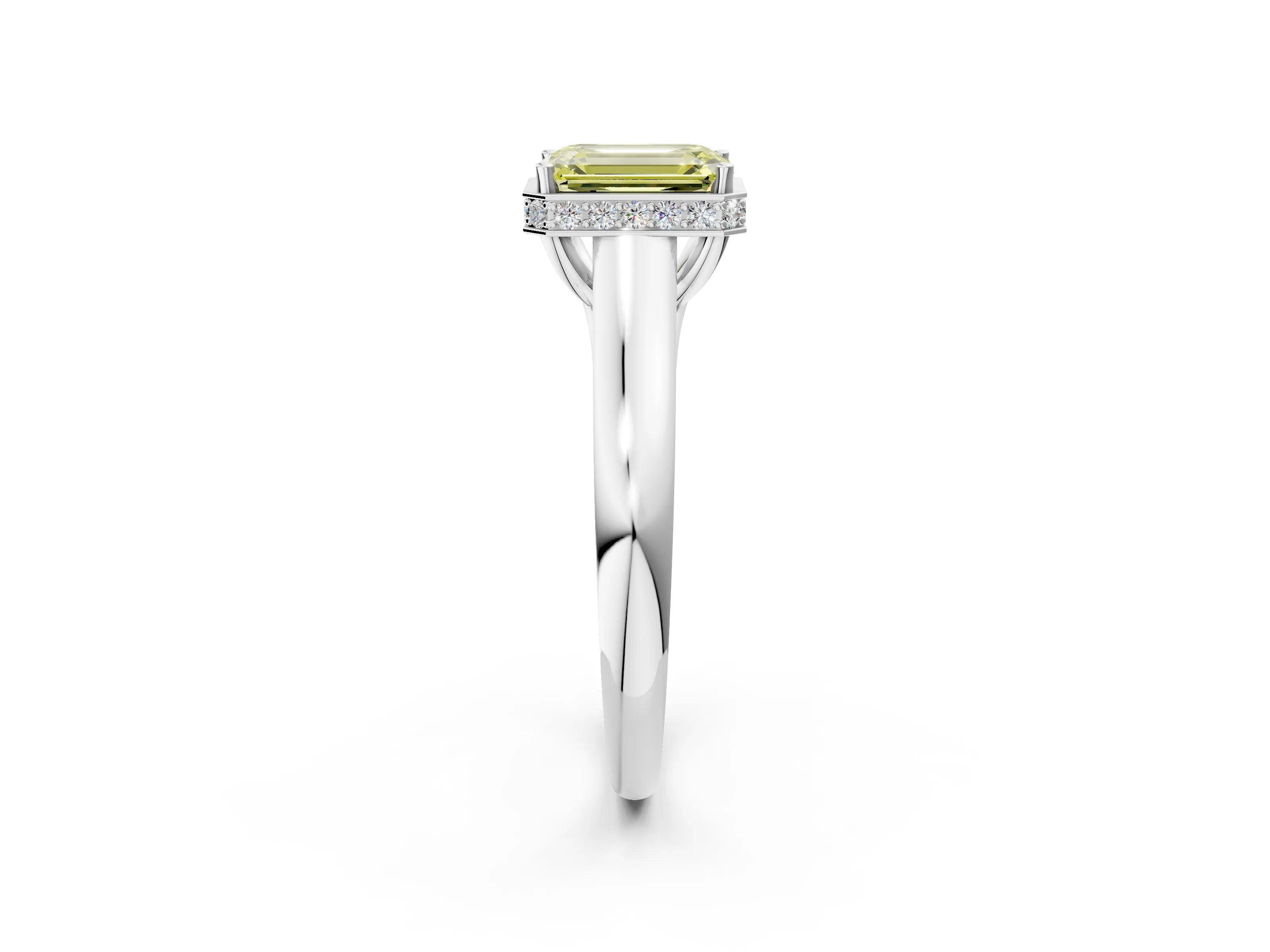 White gold Fancy Yellow Emerald Cut Solitaire Diamond Engagement Ring with Four-Prong Setting and Tapered Band_14