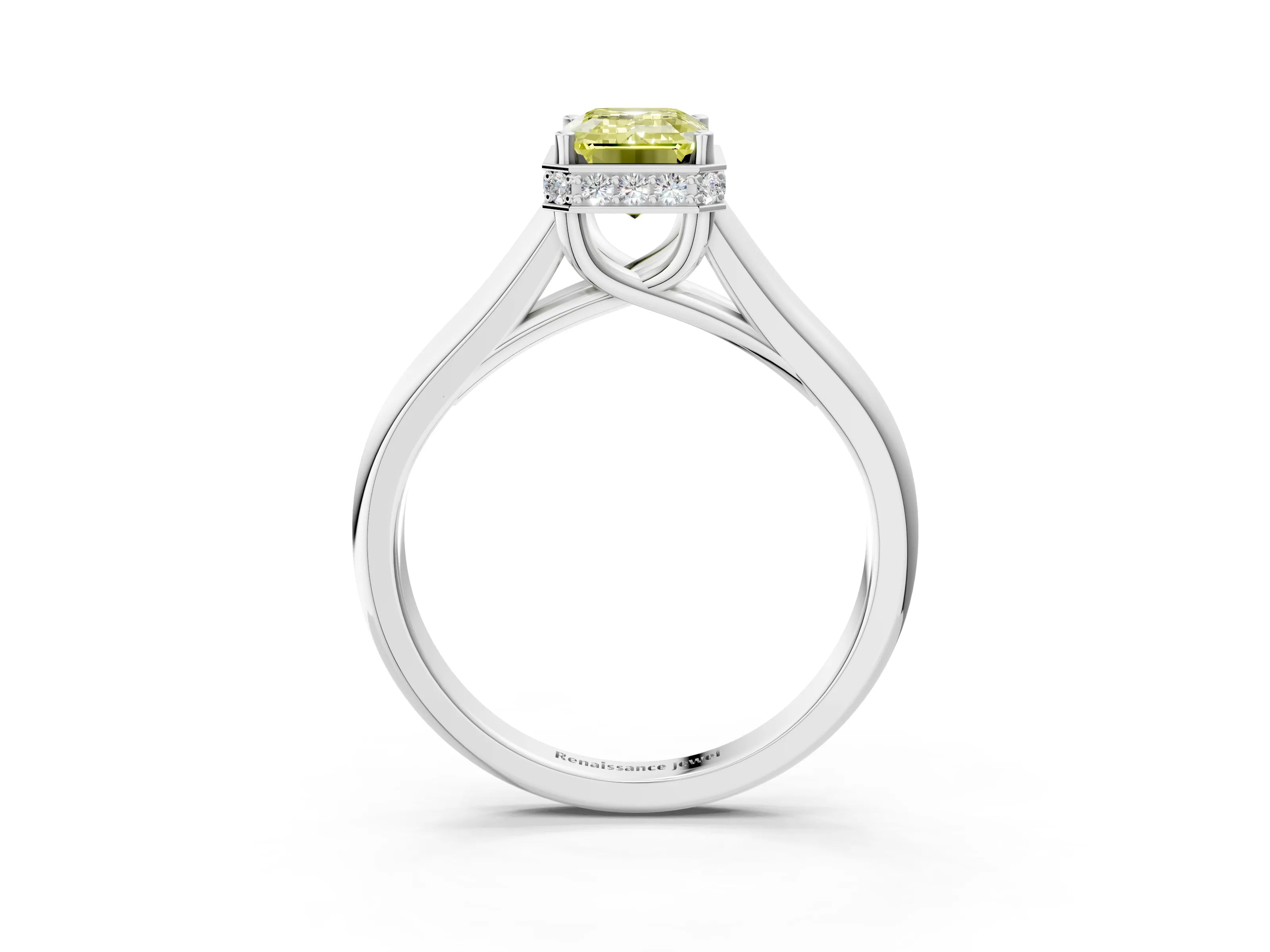 White gold Fancy Yellow Emerald Cut Solitaire Diamond Engagement Ring with Four-Prong Setting and Tapered Band_15