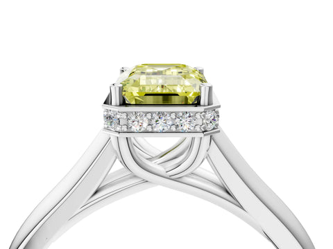 White gold Fancy Yellow Emerald Cut Solitaire Diamond Engagement Ring with Four-Prong Setting and Tapered Band_16