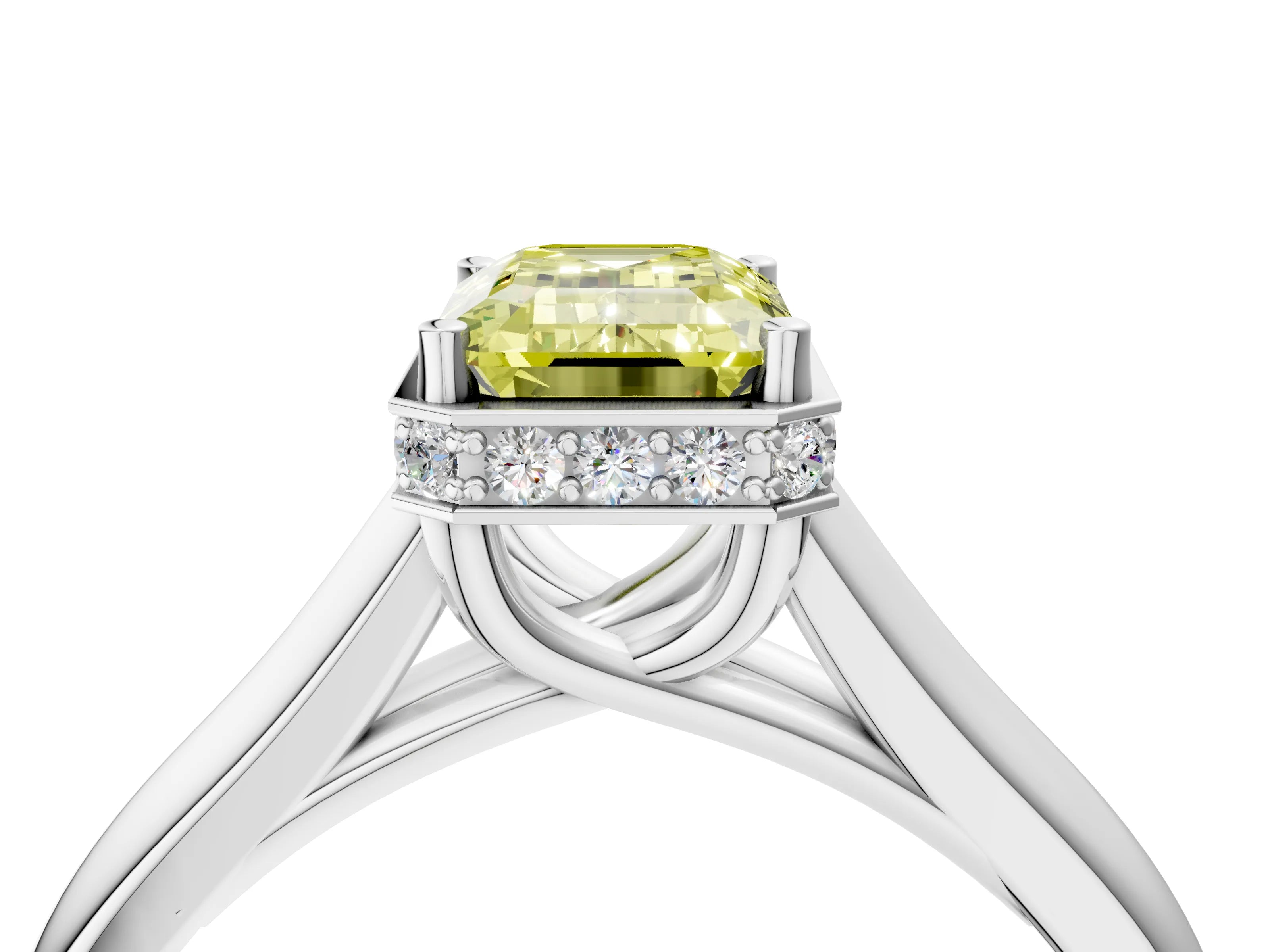 White gold Fancy Yellow Emerald Cut Solitaire Diamond Engagement Ring with Four-Prong Setting and Tapered Band_16