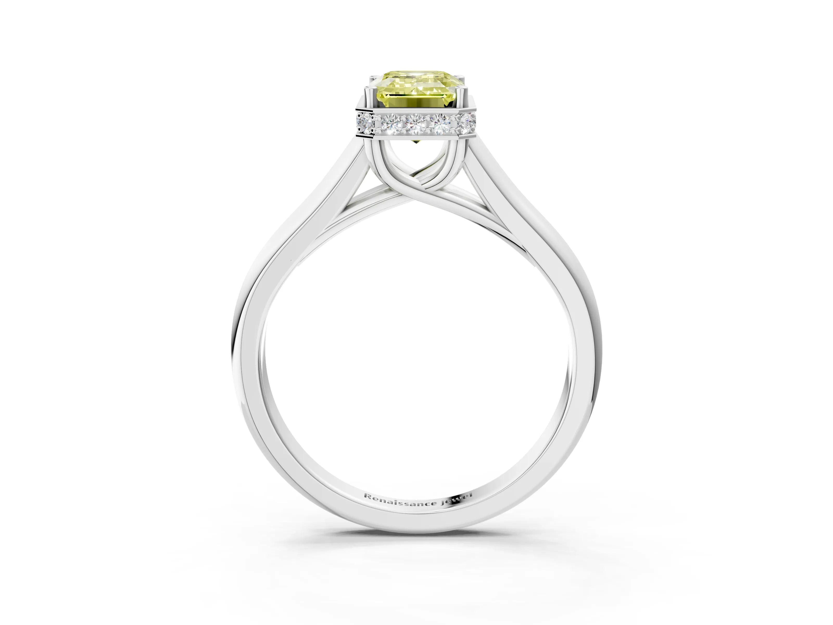 White gold Fancy Yellow Emerald Cut Solitaire Diamond Engagement Ring with Four-Prong Setting and Tapered Band_3