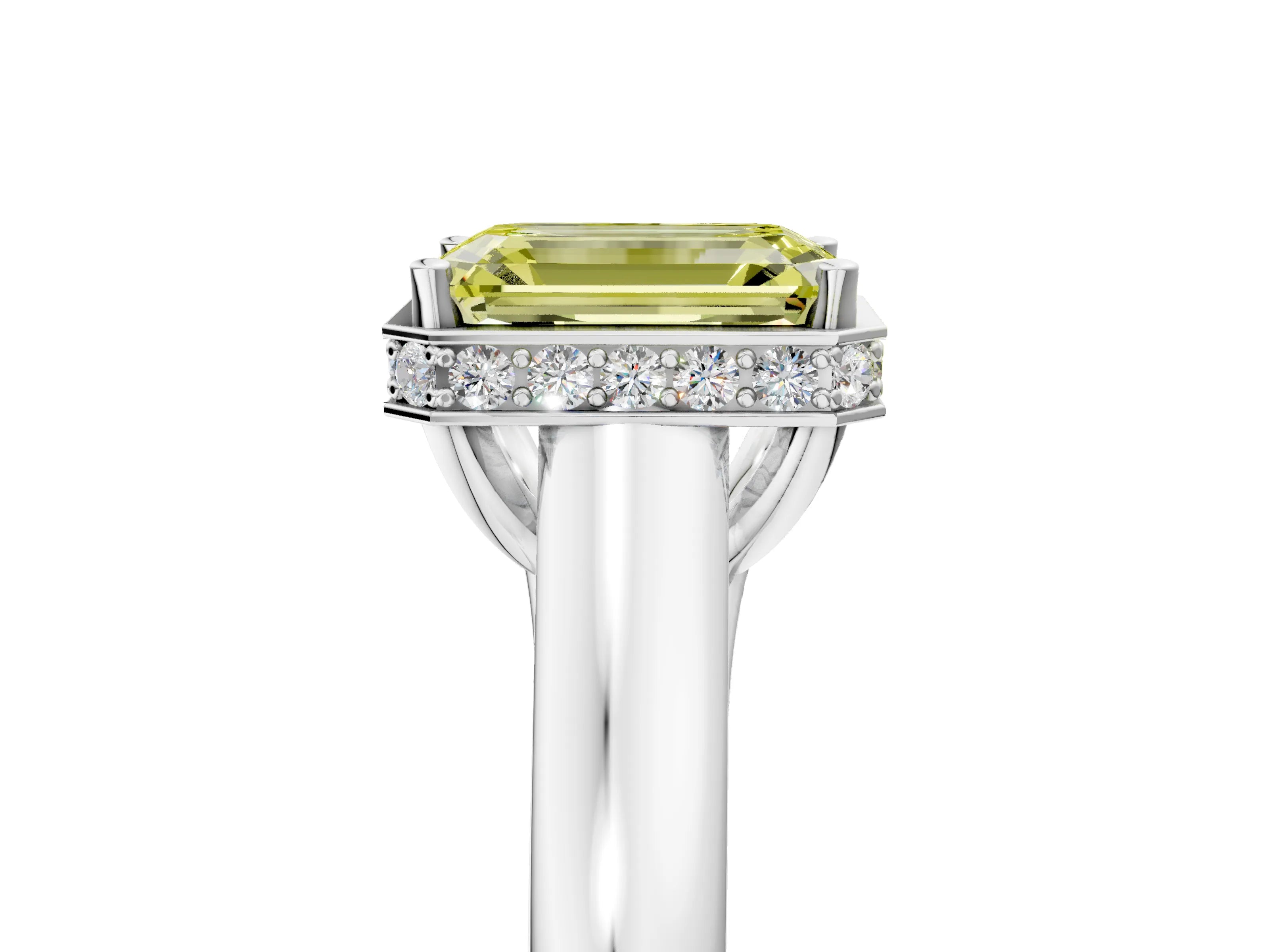 White gold Fancy Yellow Emerald Cut Solitaire Diamond Engagement Ring with Four-Prong Setting and Tapered Band_5