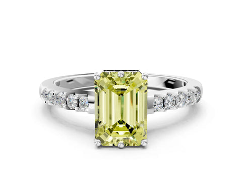 White gold Fancy Yellow Emerald Cut Solitaire Diamond Engagement Ring with Pavé Band and Six-Prong Setting_12