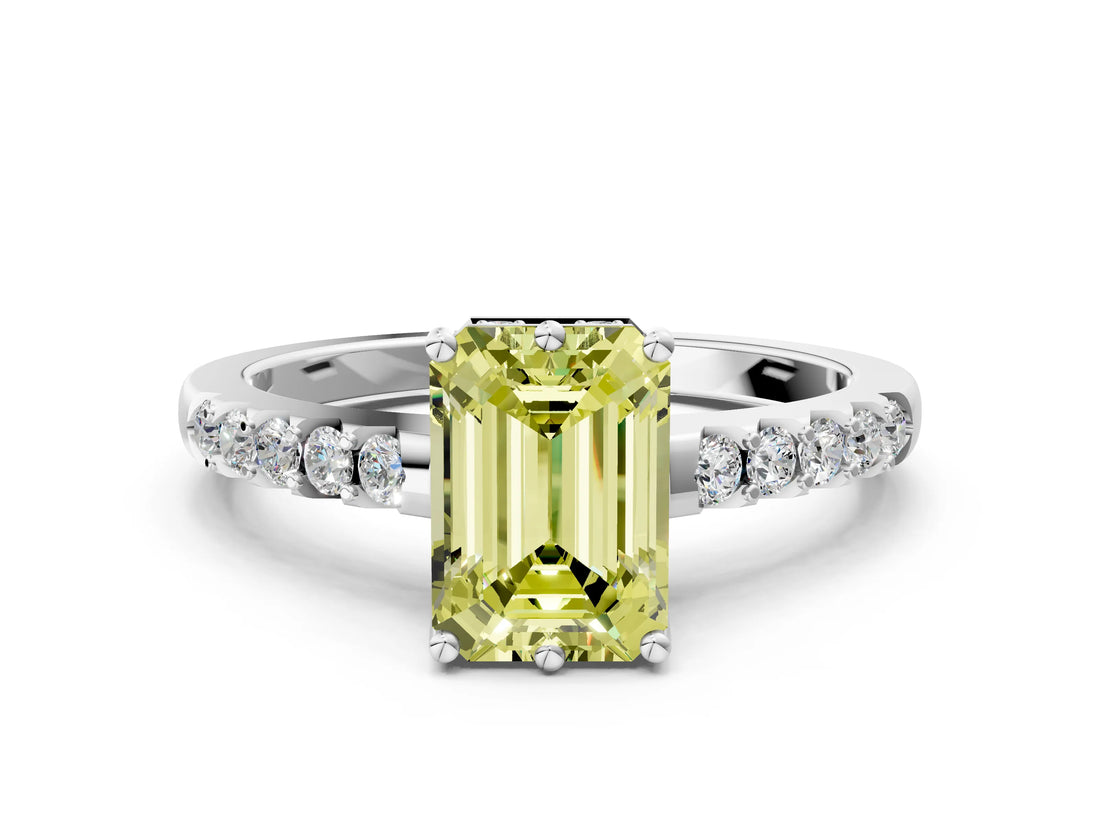 White gold Fancy Yellow Emerald Cut Solitaire Diamond Engagement Ring with Pavé Band and Six-Prong Setting_12
