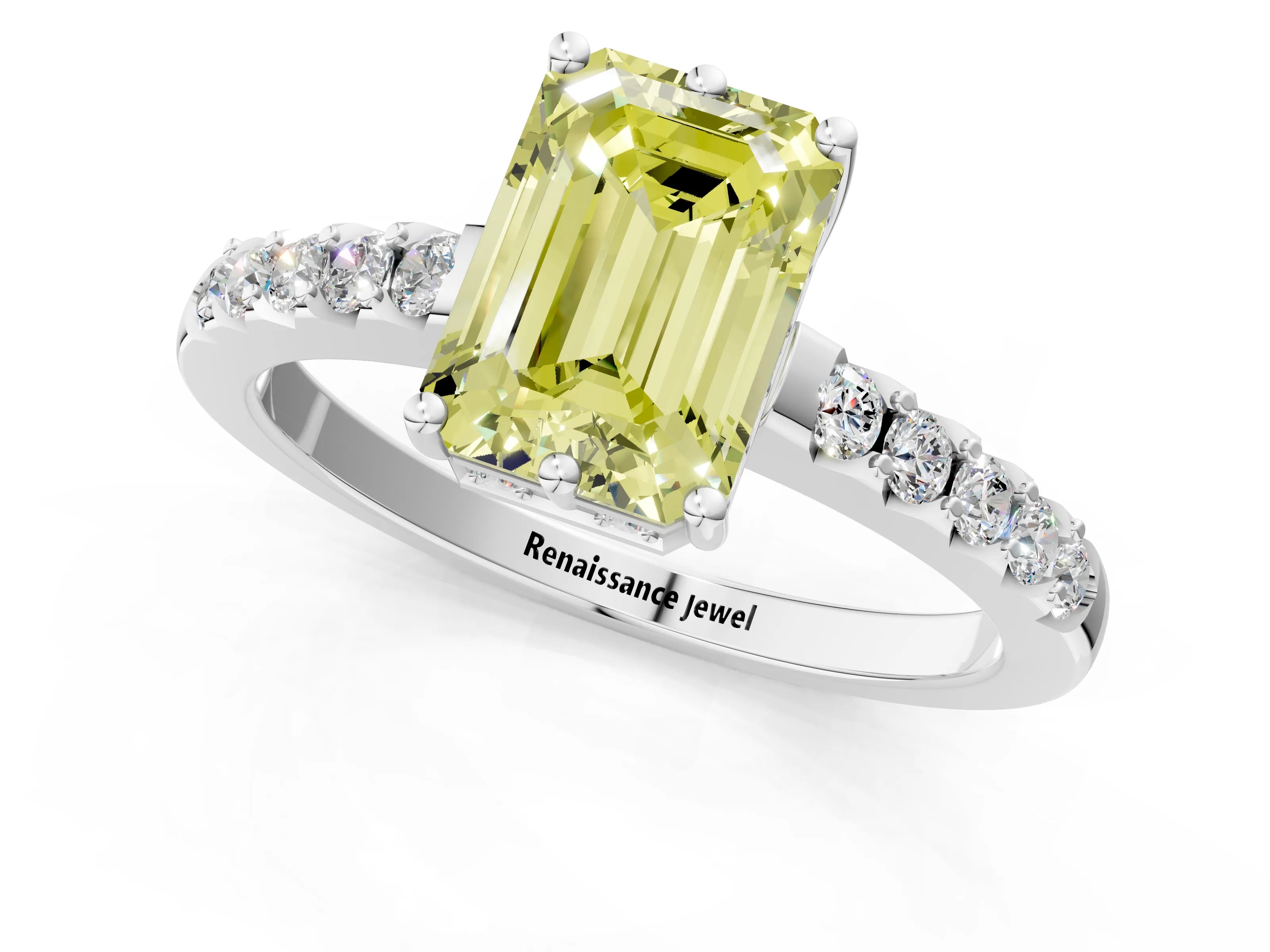 White gold Fancy Yellow Emerald Cut Solitaire Diamond Engagement Ring with Pavé Band and Six-Prong Setting_13