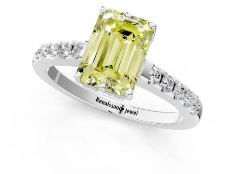 White gold Fancy Yellow Emerald Cut Solitaire Diamond Engagement Ring with Pavé Band and Six-Prong Setting_13
