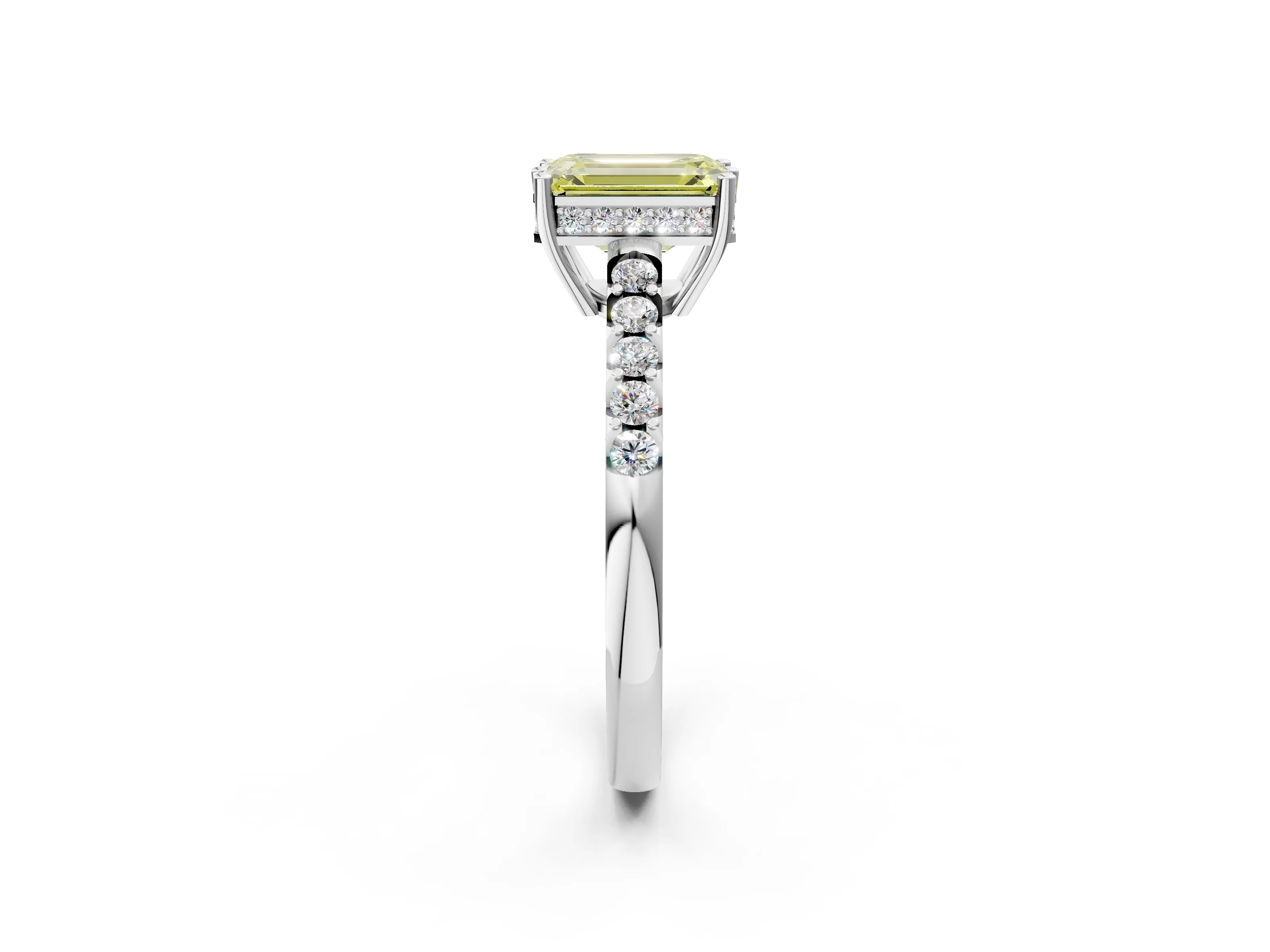 White gold Fancy Yellow Emerald Cut Solitaire Diamond Engagement Ring with Pavé Band and Six-Prong Setting_14