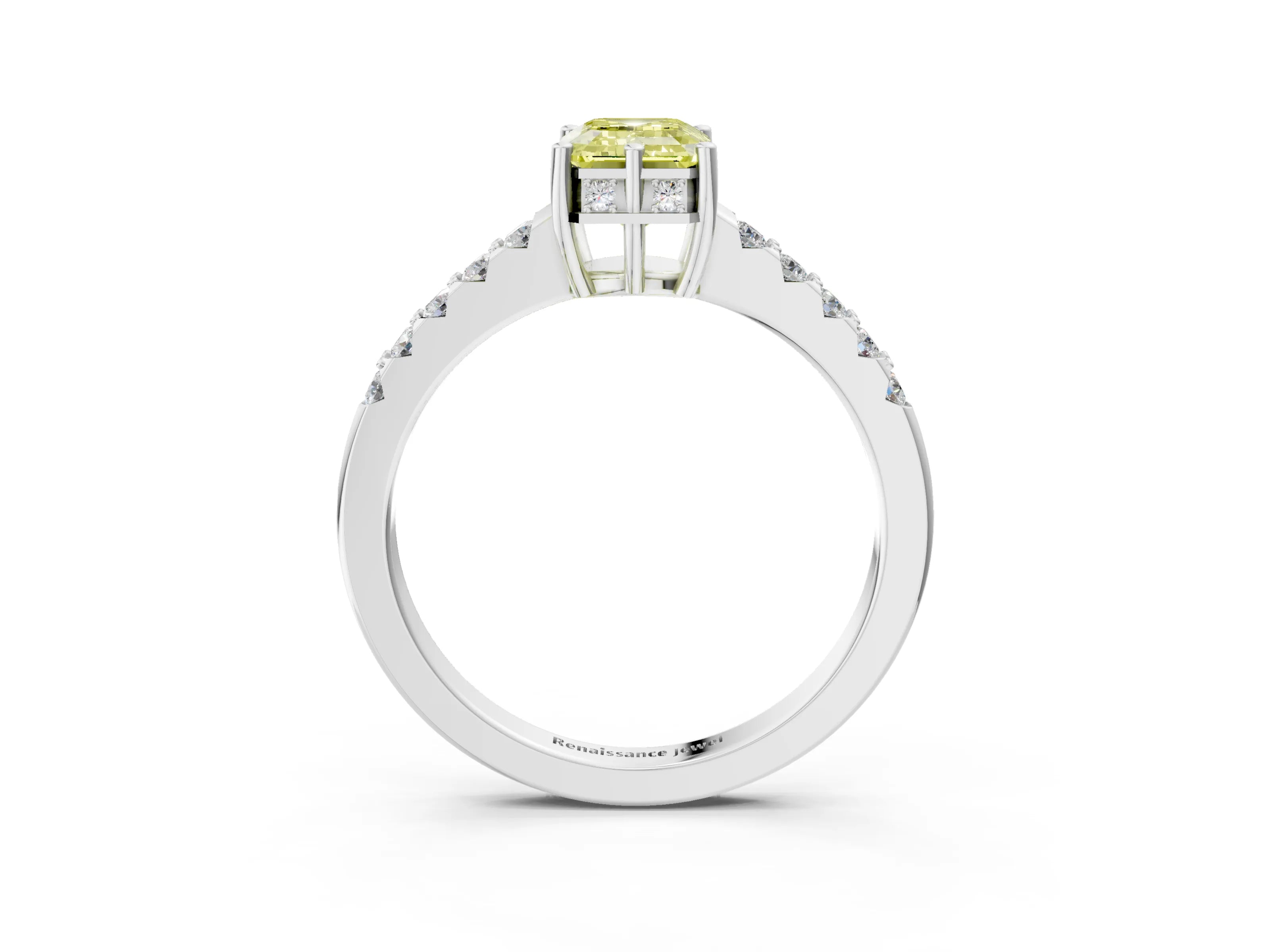 White gold Fancy Yellow Emerald Cut Solitaire Diamond Engagement Ring with Pavé Band and Six-Prong Setting_15