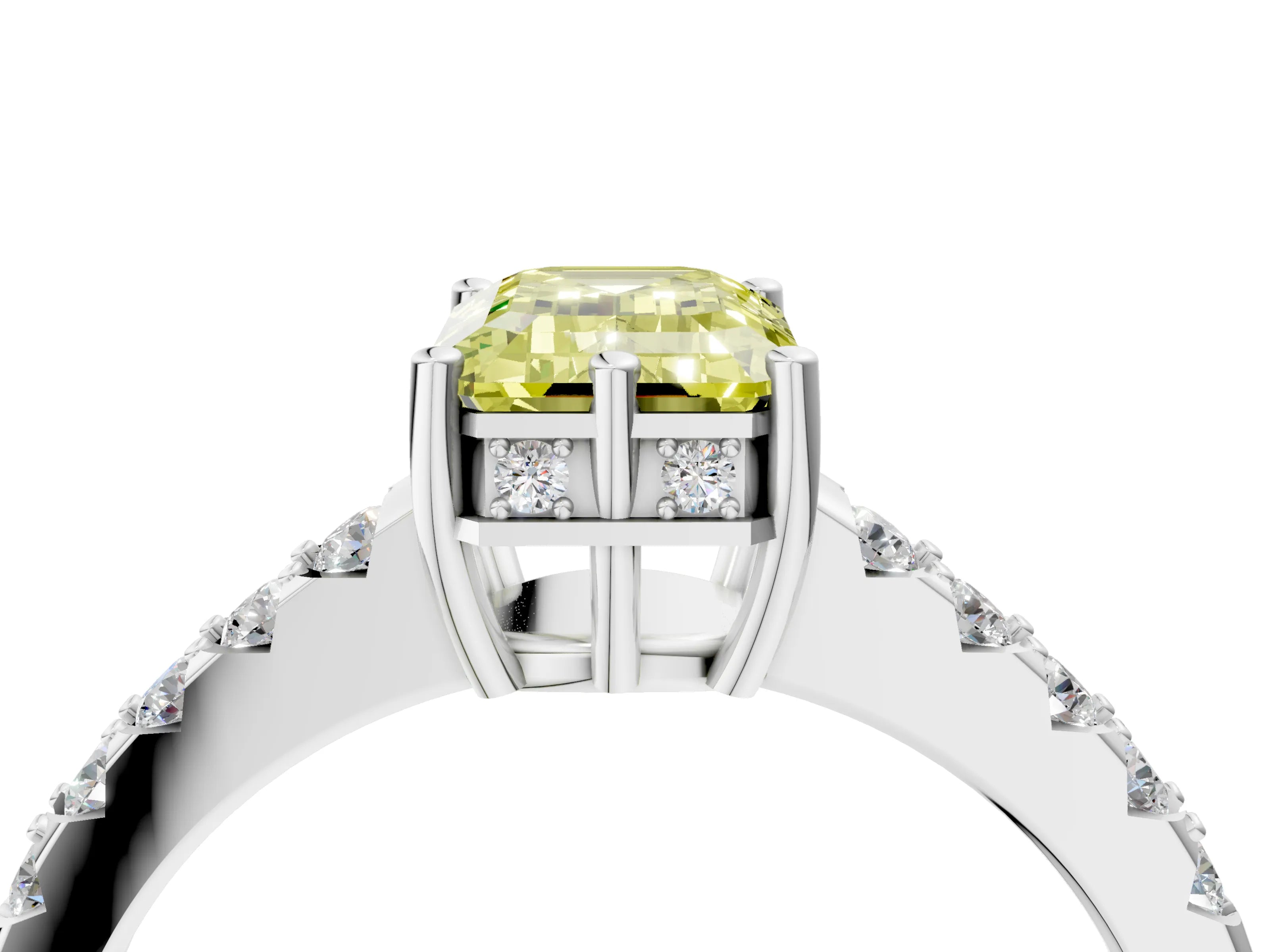 White gold Fancy Yellow Emerald Cut Solitaire Diamond Engagement Ring with Pavé Band and Six-Prong Setting_16