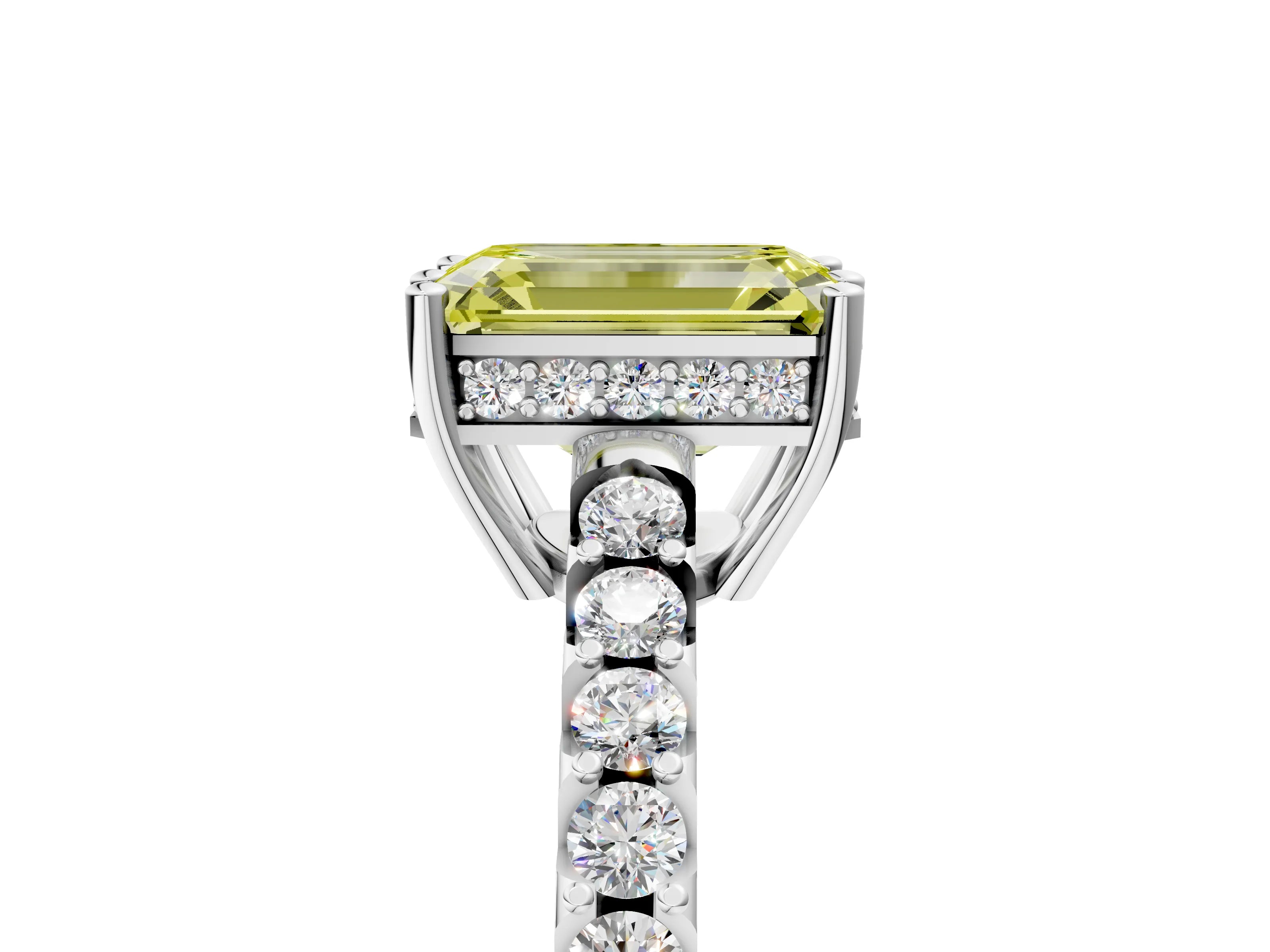 White gold Fancy Yellow Emerald Cut Solitaire Diamond Engagement Ring with Pavé Band and Six-Prong Setting_17
