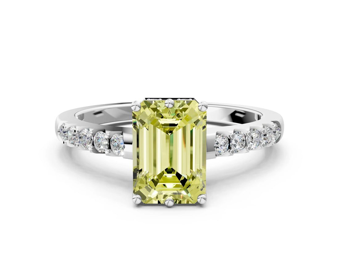 White gold Fancy Yellow Emerald Cut Solitaire Diamond Engagement Ring with Pavé Band and Six-Prong Setting_24