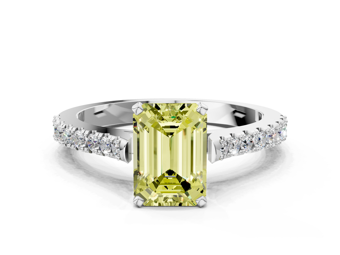 White gold Fancy Yellow Emerald  Cut Solitaire Diamond Engagement Ring with Pave Band and Four-Prong Setting_175