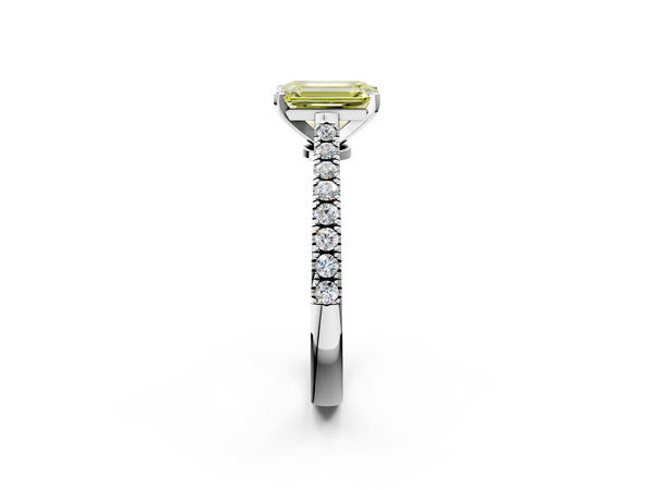 White gold Fancy Yellow Emerald  Cut Solitaire Diamond Engagement Ring with Pave Band and Four-Prong Setting