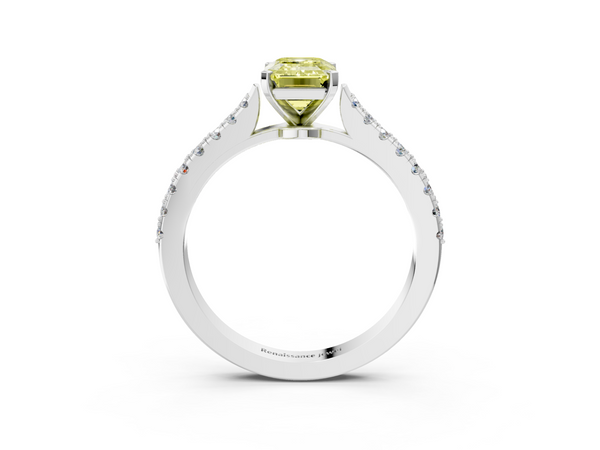 White gold Fancy Yellow Emerald  Cut Solitaire Diamond Engagement Ring with Pave Band and Four-Prong Setting
