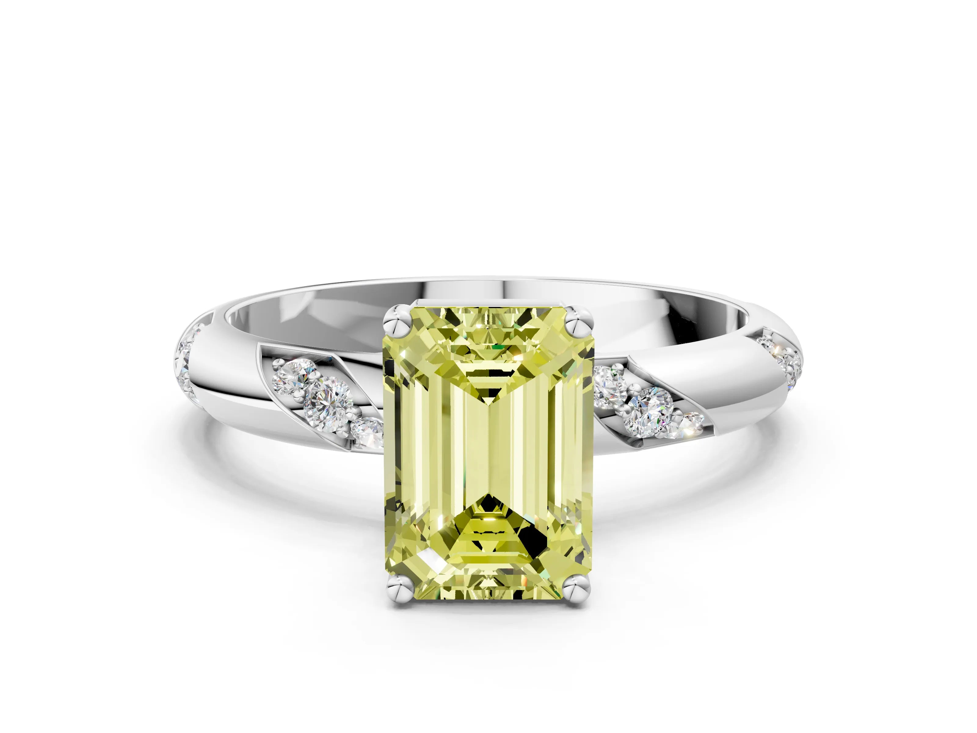 White gold Fancy Yellow Emerald Cut Solitaire Diamond Engagement Ring with Twisted Pave Band and Four-Prong Setting_19