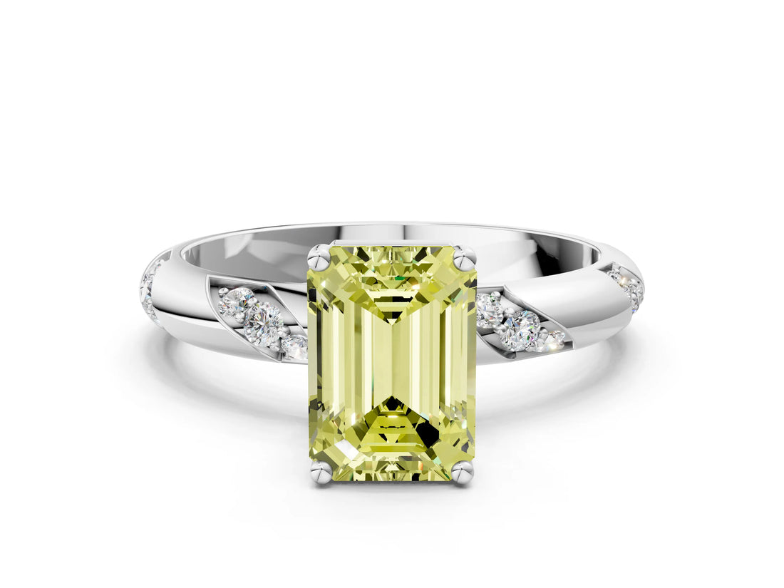White gold Fancy Yellow Emerald Cut Solitaire Diamond Engagement Ring with Twisted Pave Band and Four-Prong Setting_19