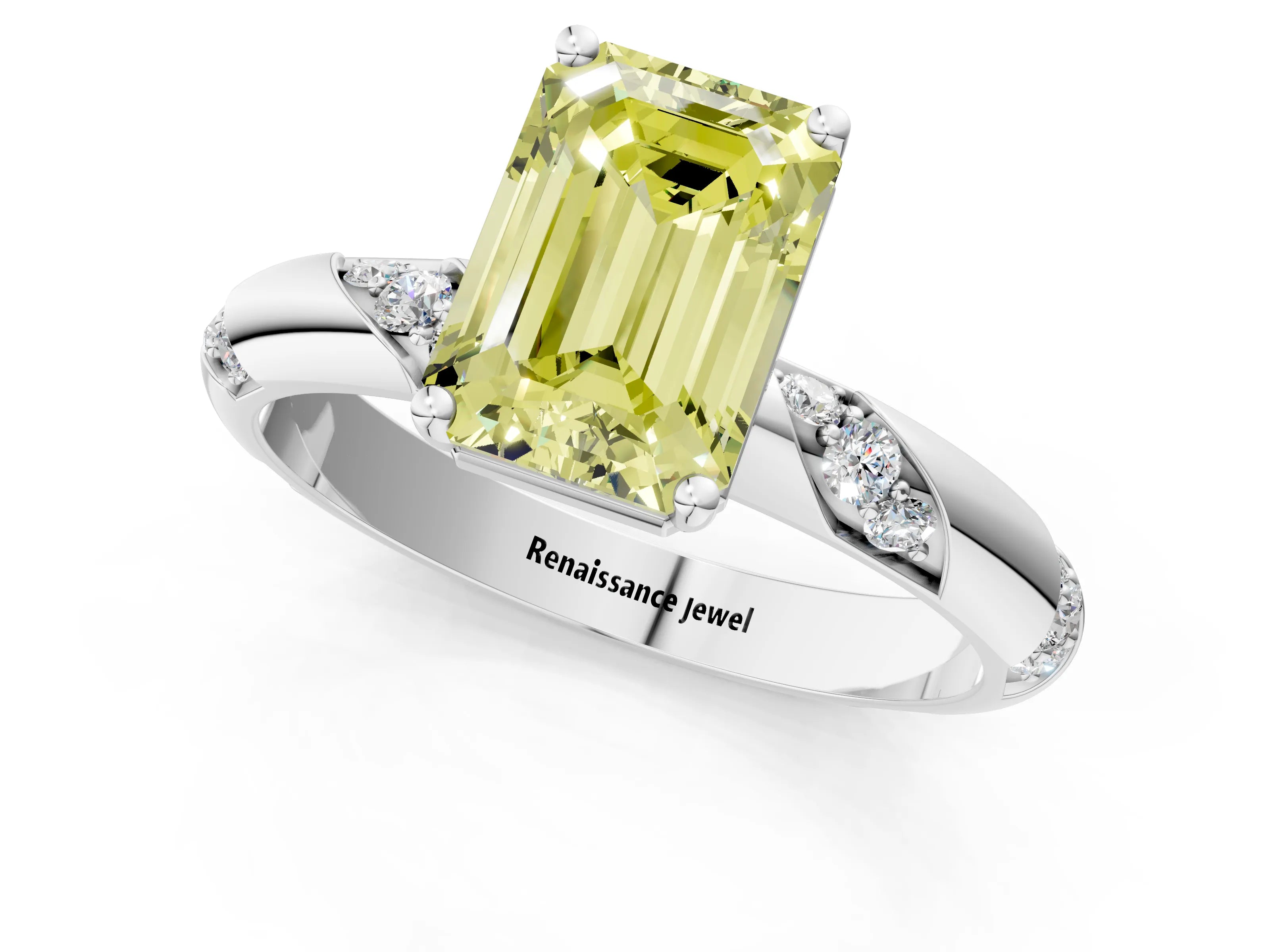White gold Fancy Yellow Emerald Cut Solitaire Diamond Engagement Ring with Twisted Pave Band and Four-Prong Setting_20