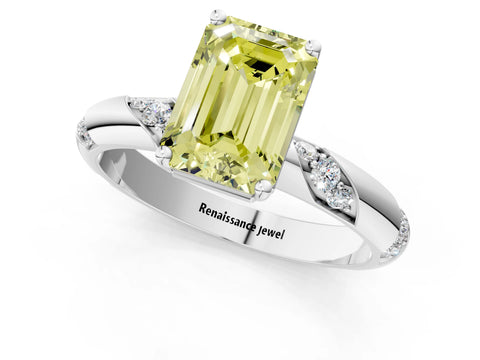 White gold Fancy Yellow Emerald Cut Solitaire Diamond Engagement Ring with Twisted Pave Band and Four-Prong Setting_20