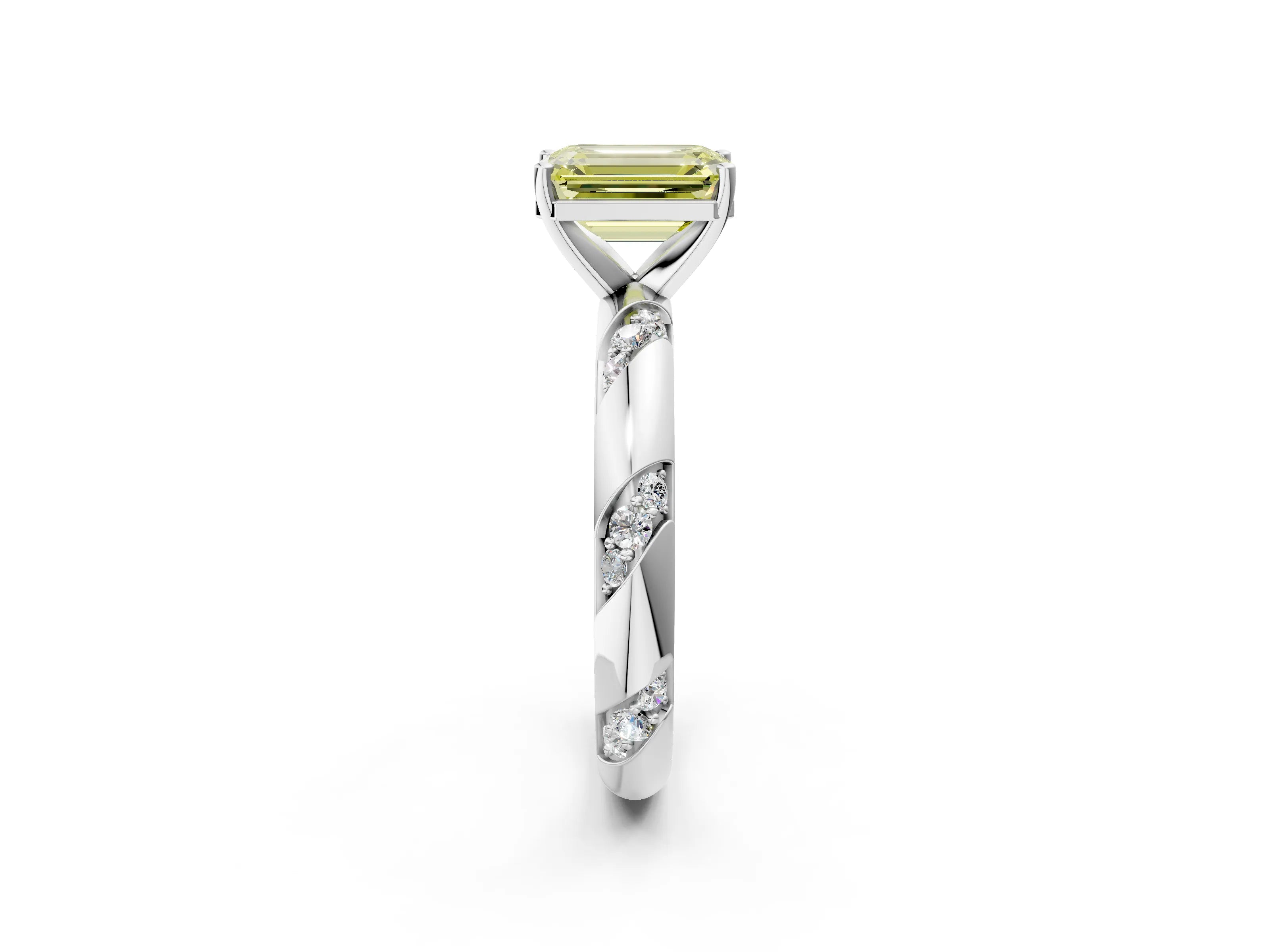 White gold Fancy Yellow Emerald Cut Solitaire Diamond Engagement Ring with Twisted Pave Band and Four-Prong Setting_21