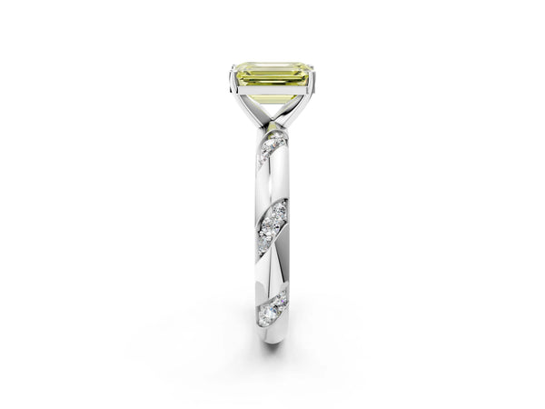 White gold Fancy Yellow Emerald Cut Solitaire Diamond Engagement Ring with Twisted Pave Band and Four-Prong Setting