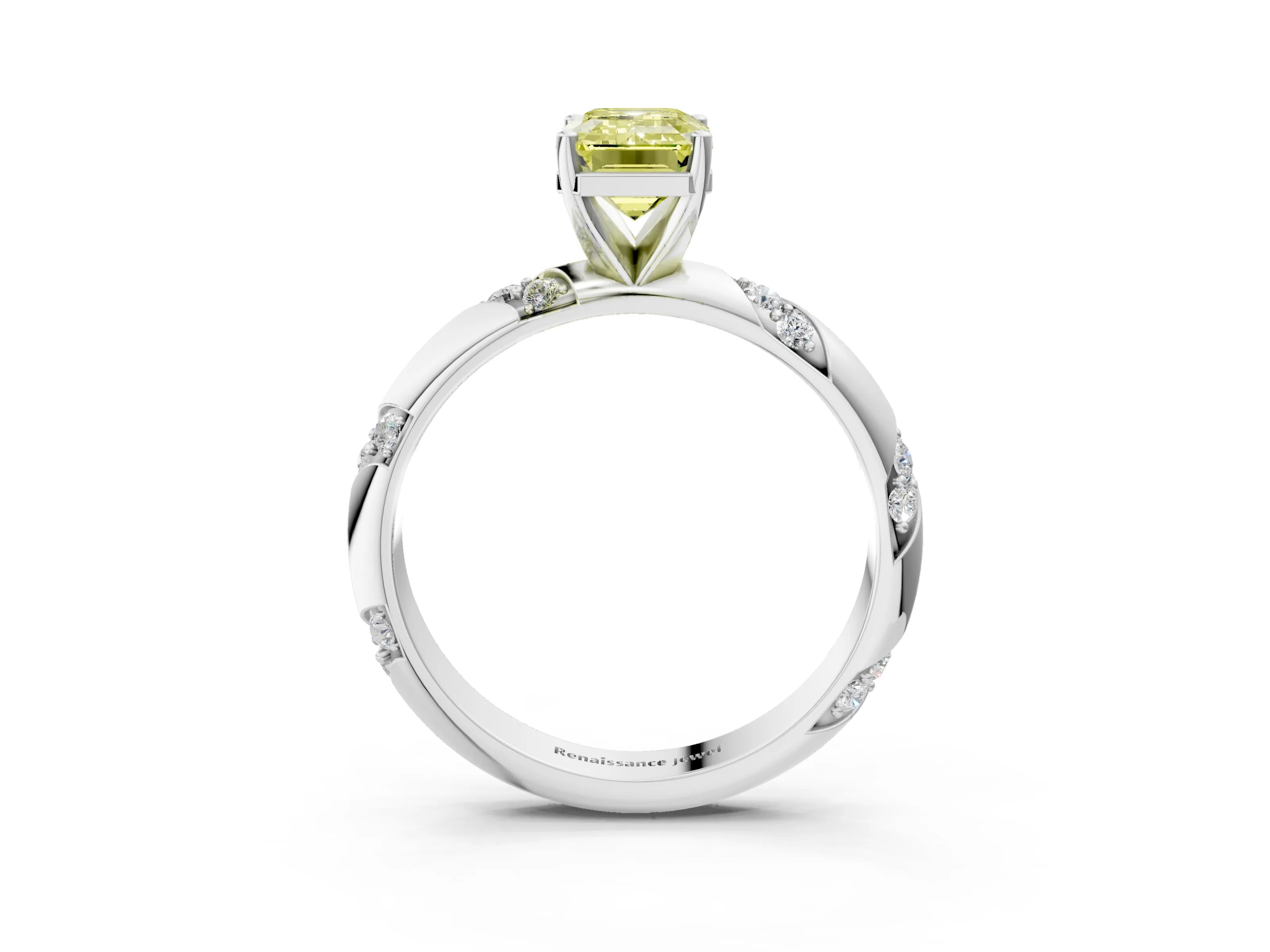 White gold Fancy Yellow Emerald Cut Solitaire Diamond Engagement Ring with Twisted Pave Band and Four-Prong Setting_22