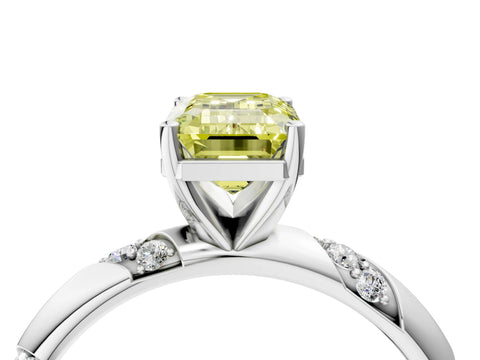 White gold Fancy Yellow Emerald Cut Solitaire Diamond Engagement Ring with Twisted Pave Band and Four-Prong Setting_23
