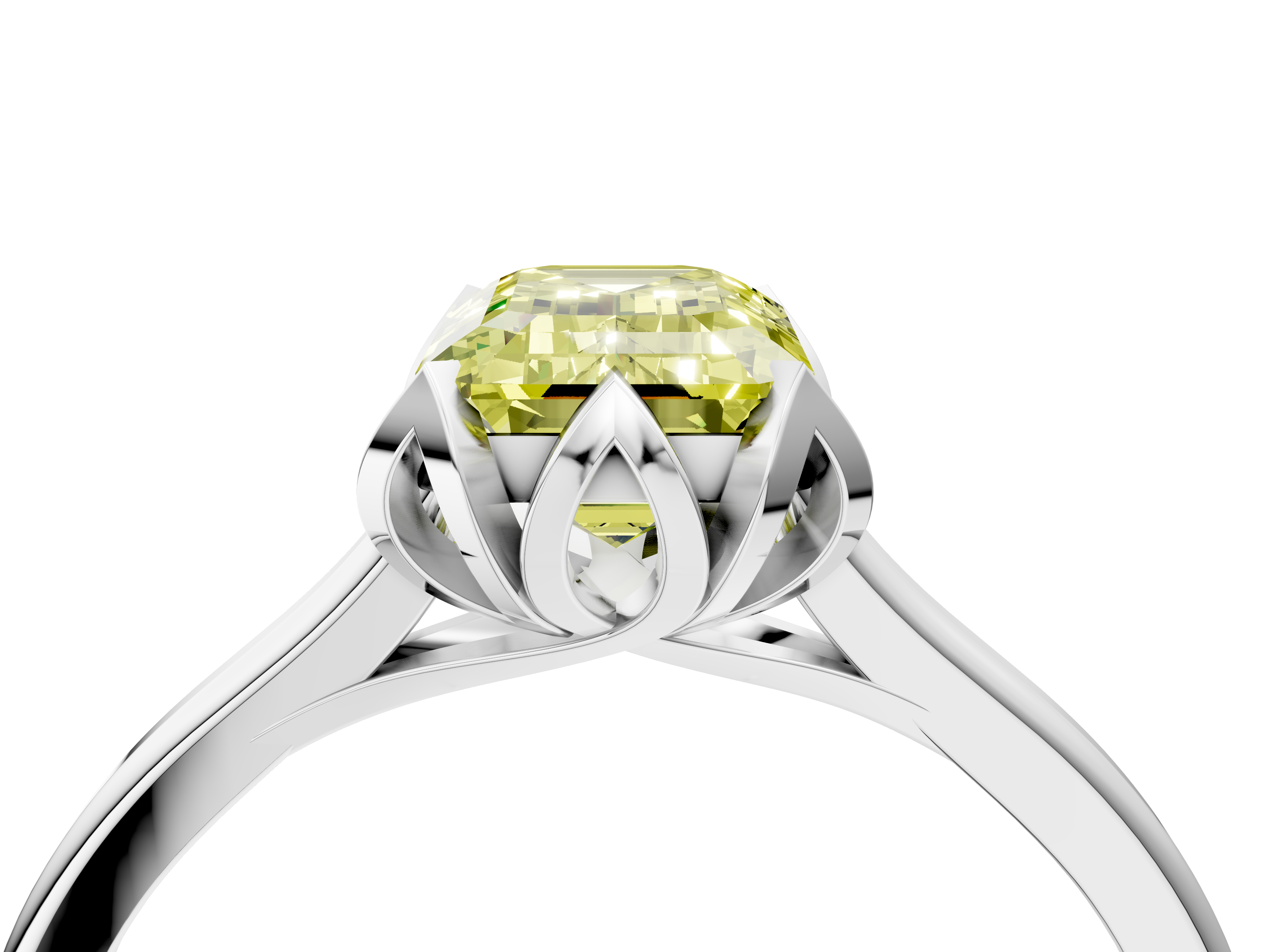 White gold Fancy Yellow Emerald  Cut Solitaire Diamond Ring with Flower-Prong Setting and Classic Band_25