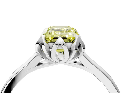 White gold Fancy Yellow Emerald  Cut Solitaire Diamond Ring with Flower-Prong Setting and Classic Band_25